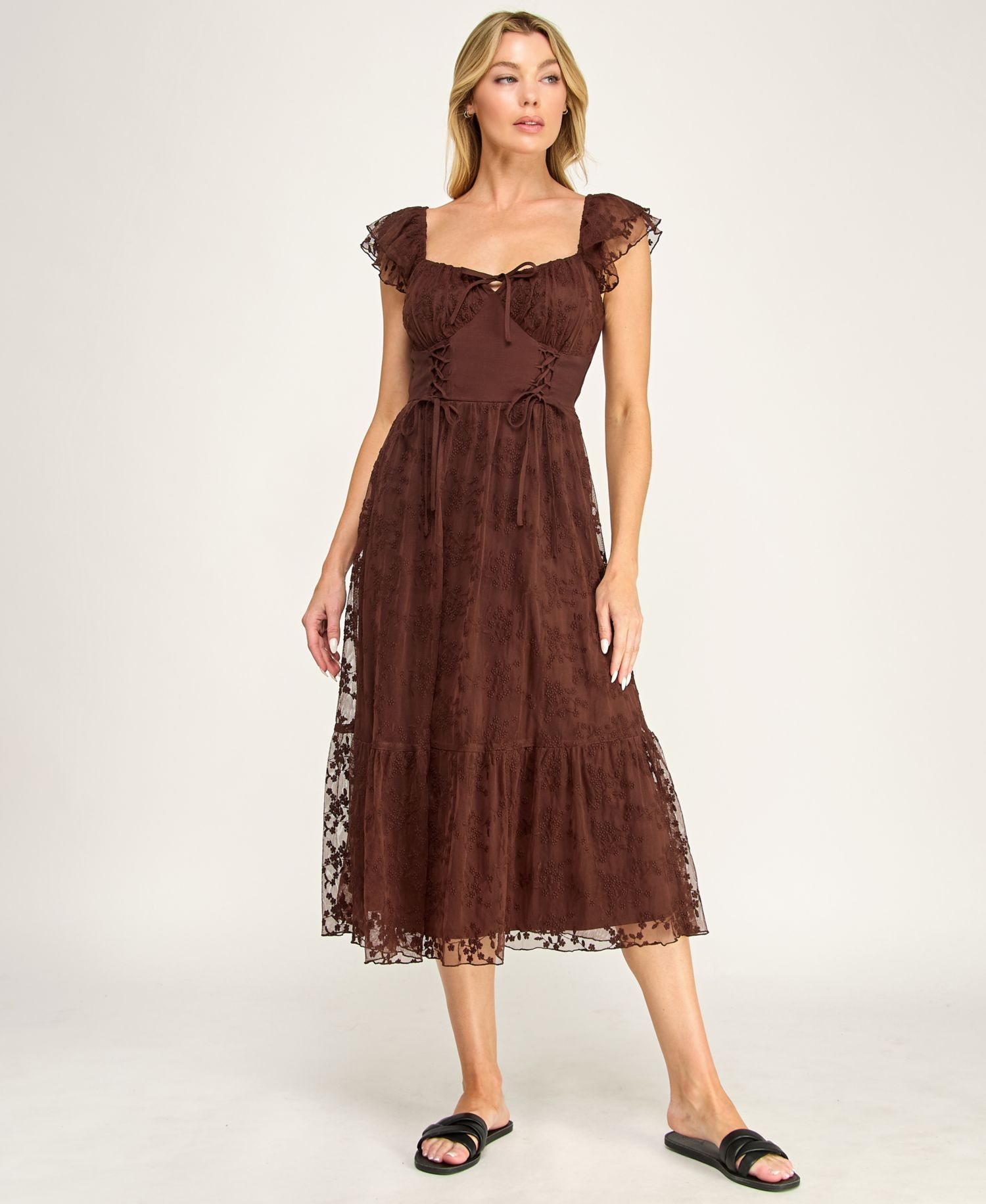 Juniors' Sweetheart-Neck Flutter-Sleeve Lace Midi Dress