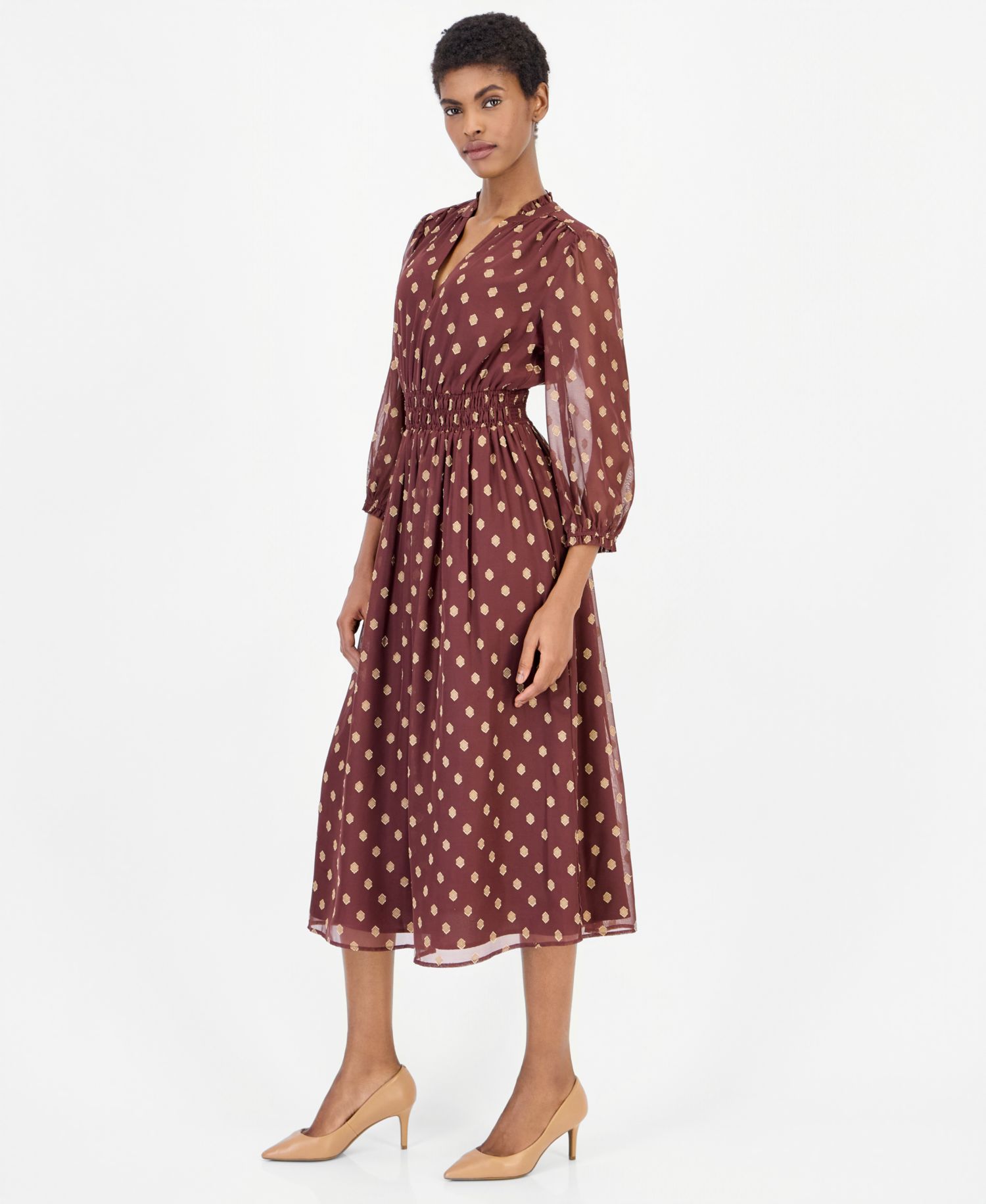 Women's Polka-Dot Ruffle Smocked-Waist Midi Dress