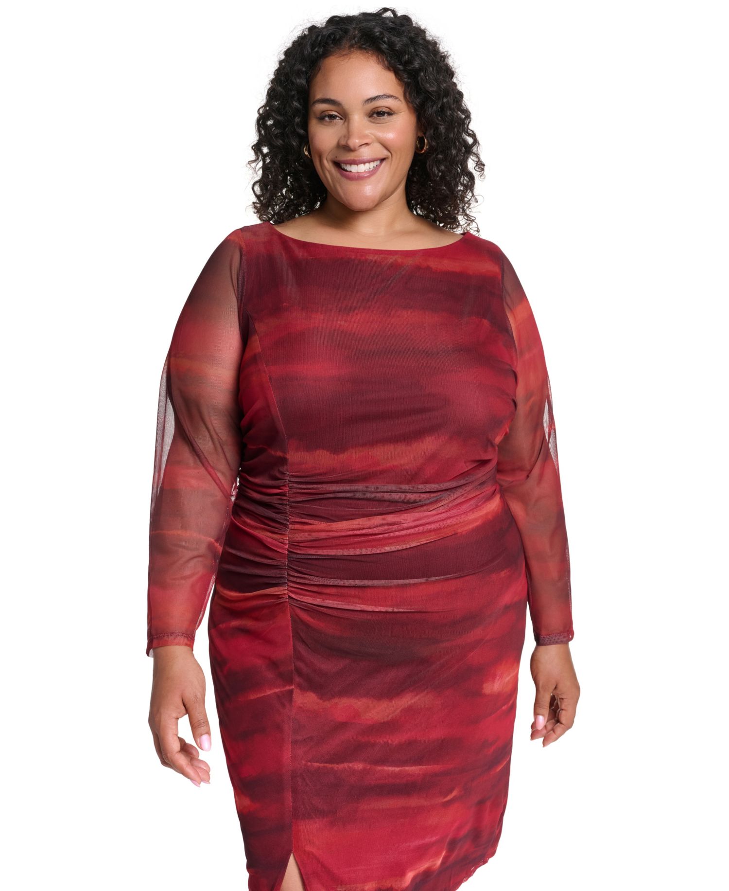 Plus Size Printed Mesh Midi Dress