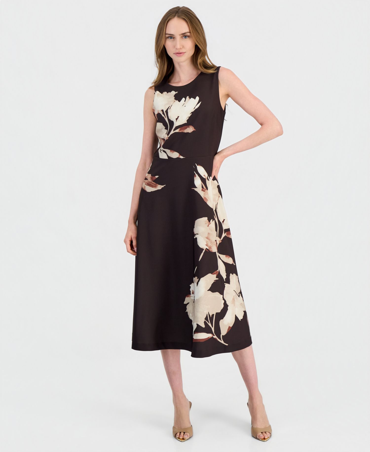 Women's A-Line Printed Scuba Floral Midi Dress