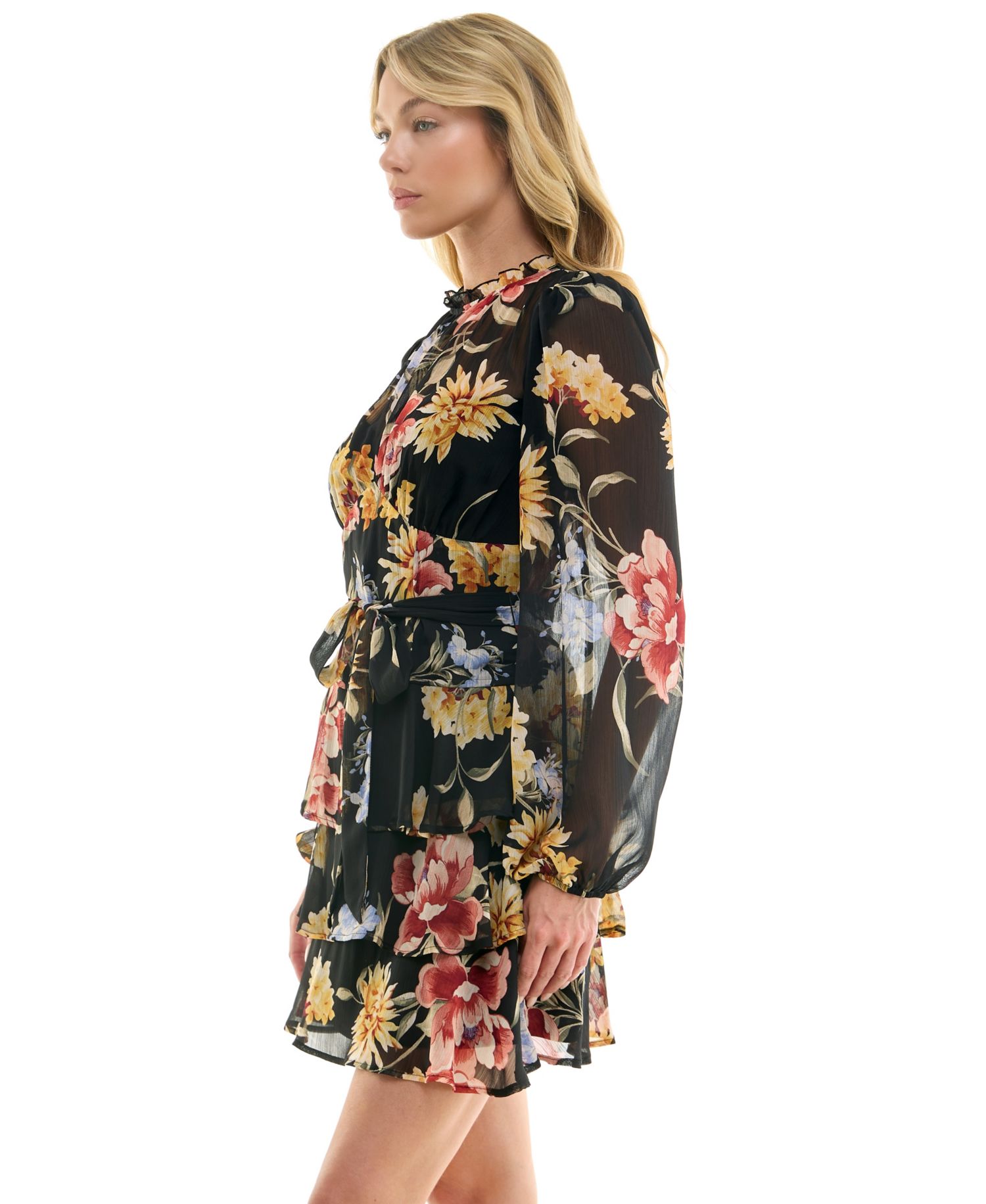 Juniors' Long-Sleeve Boat neck Tiered Skirt Dress