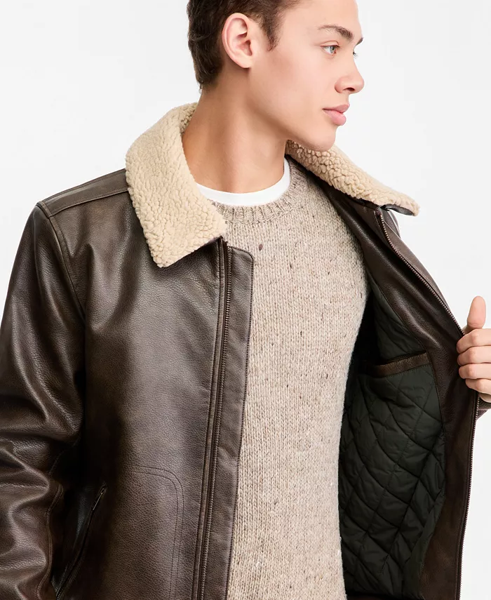 Men's Sherpa Collar Faux Leather Bomber Jacket - thumbnail 4