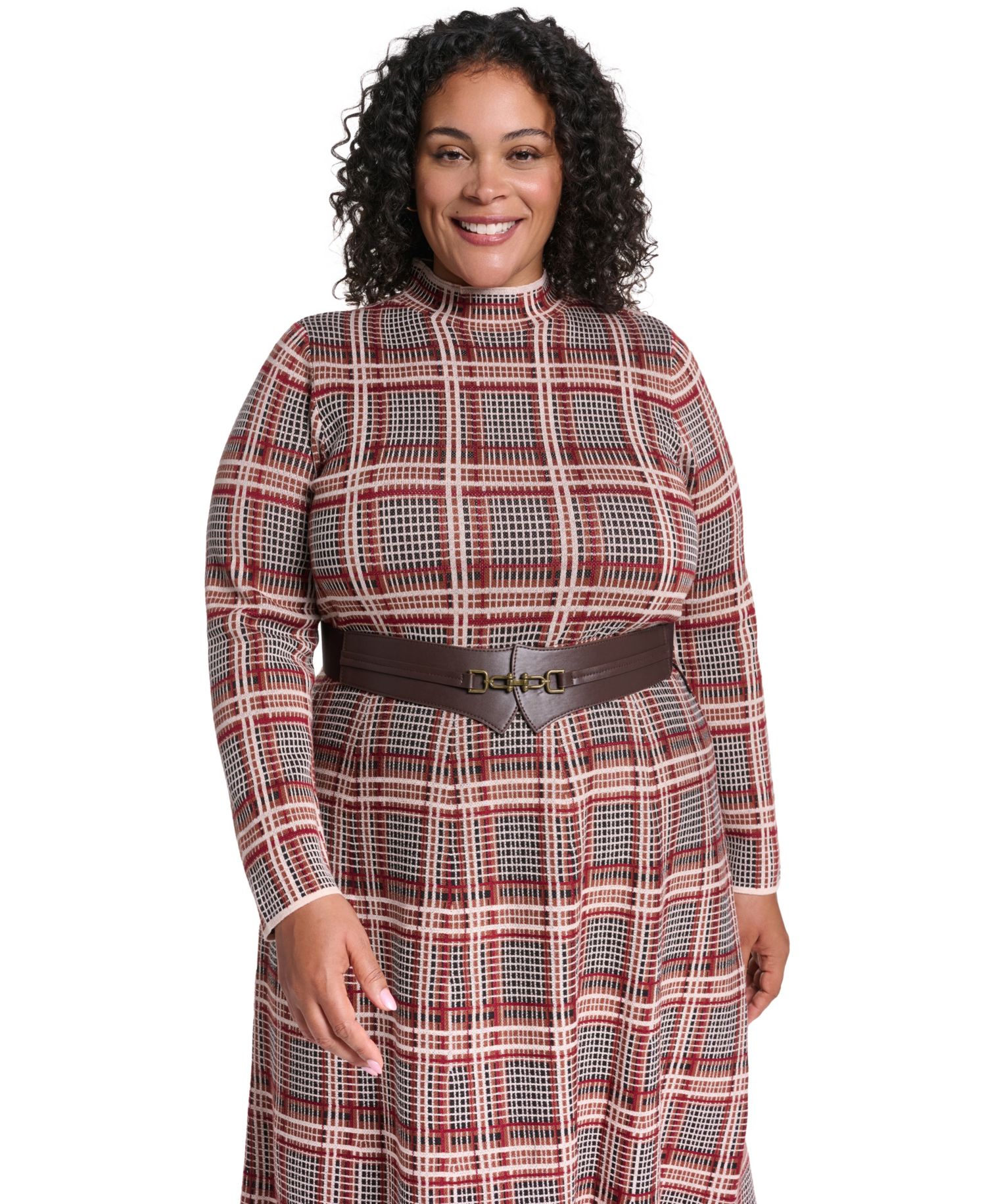 Plus Mock Neck Long-Sleeve Fit & Flare Dress