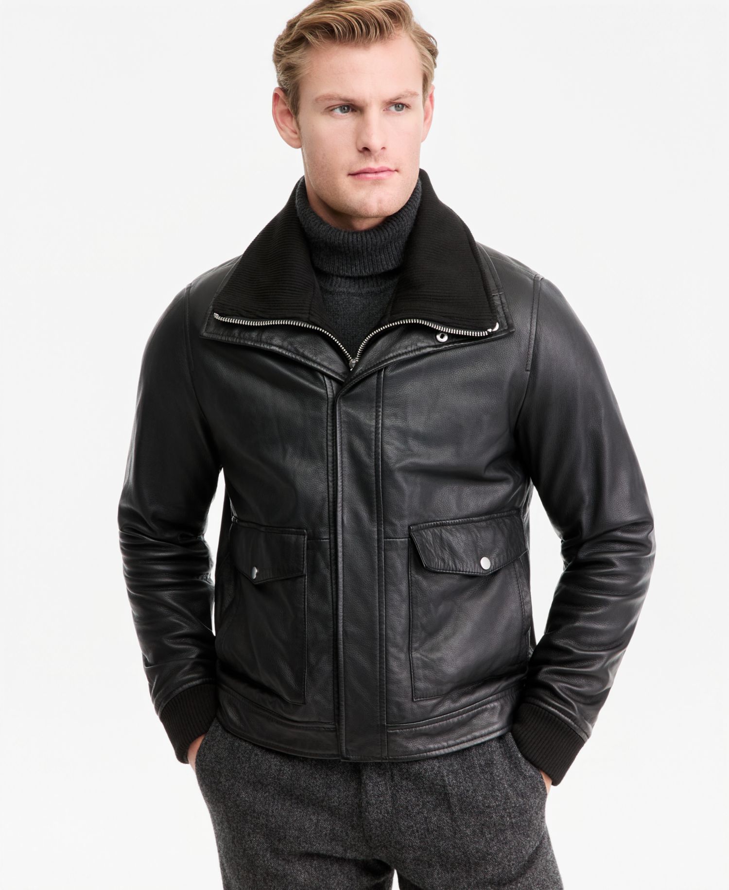 Men's Genuine Leather Bomber Jacket with Sweater Bib Insert
