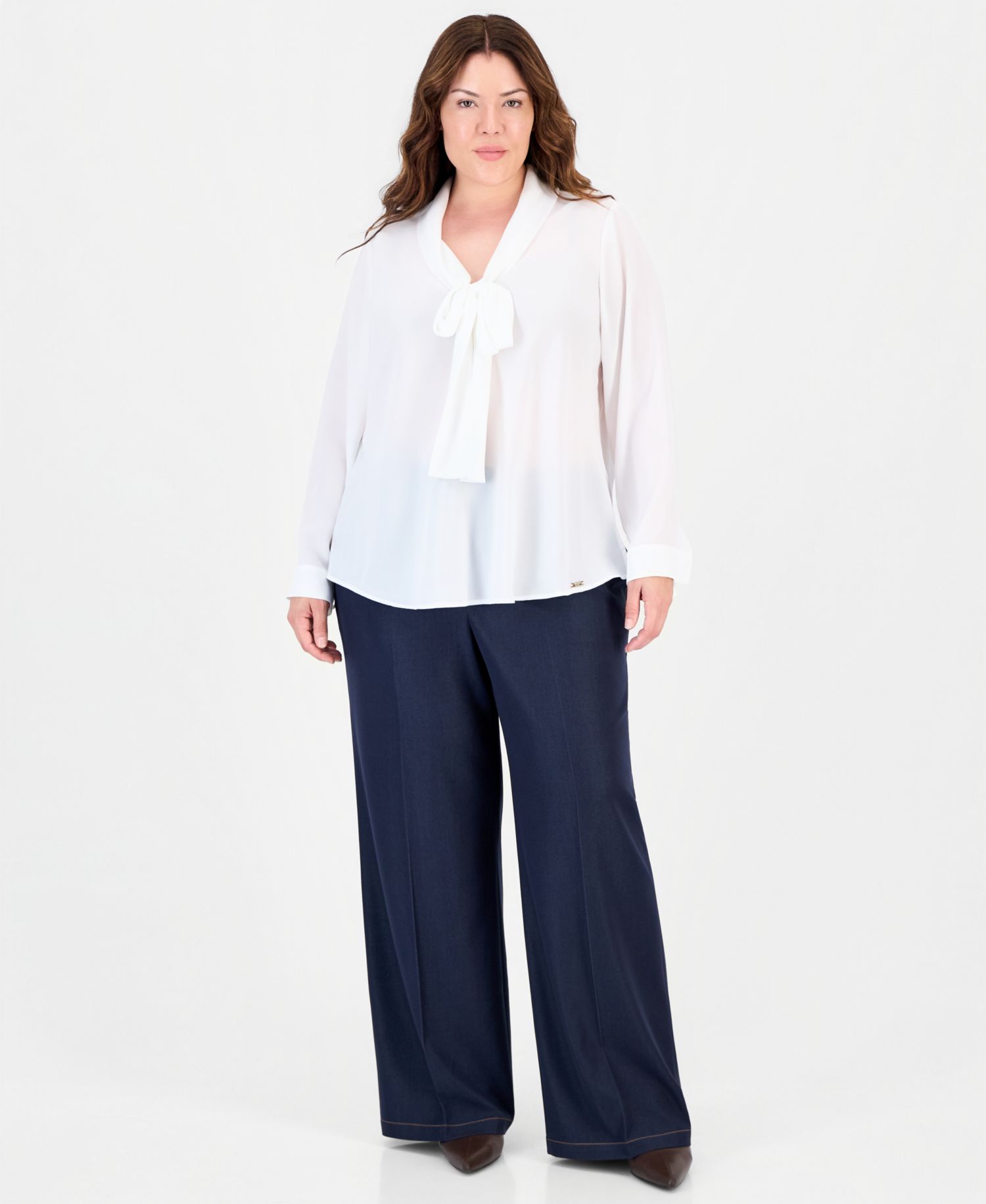 Plus Size Sailor Tie Long-Sleeve Blouse
