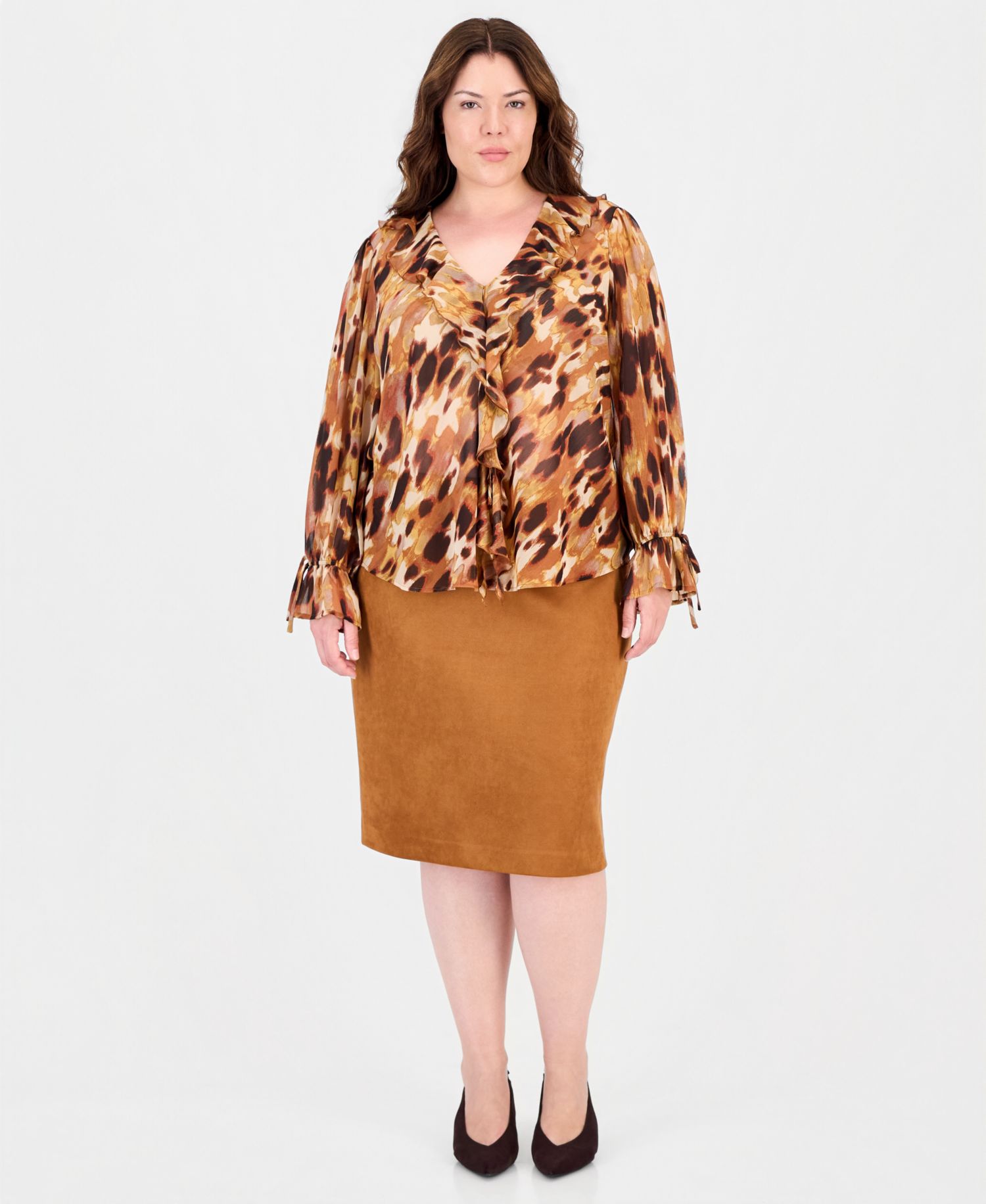 Plus Size V-Neck Long-Sleeve Ruffle Blouse