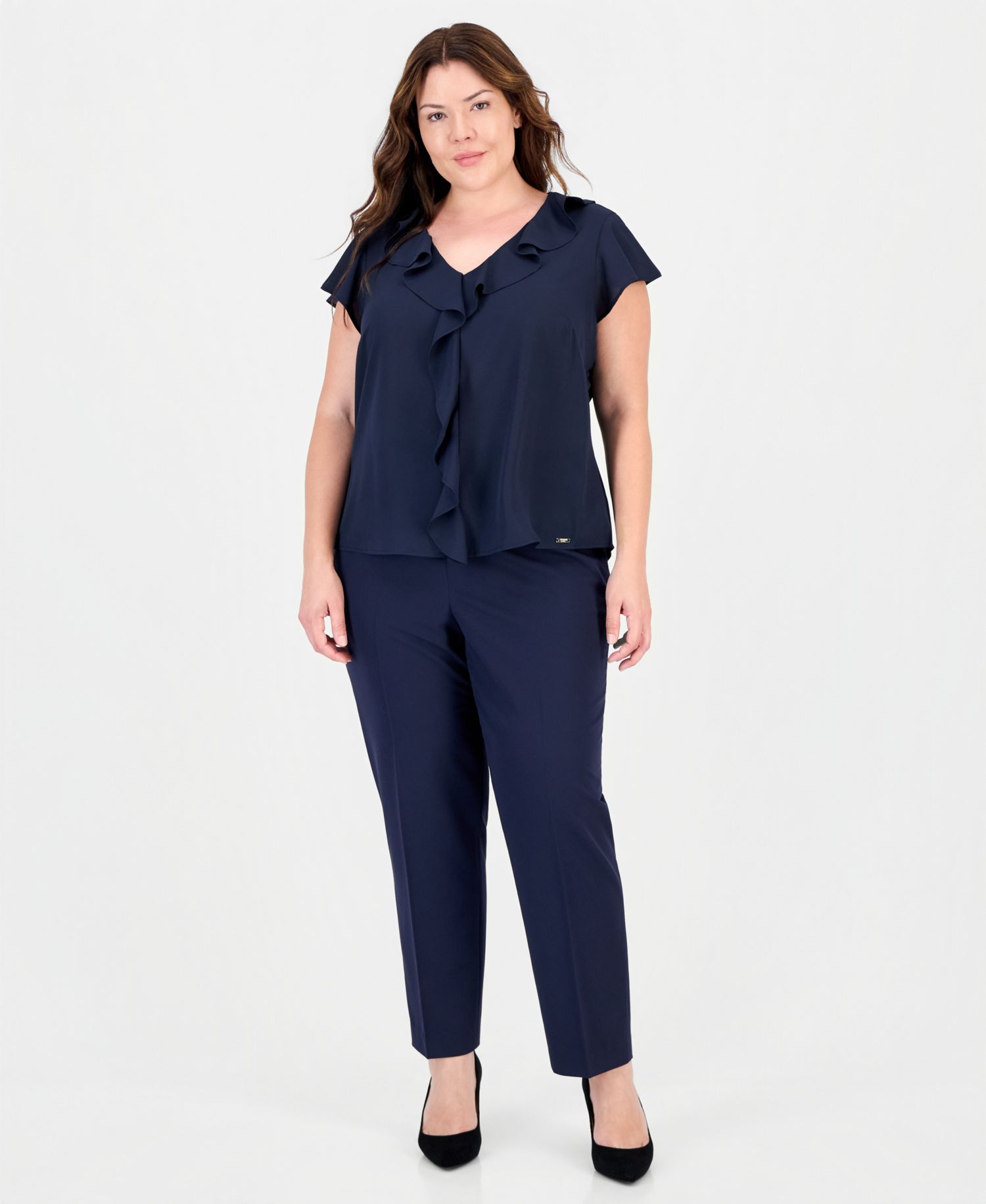 Plus Size Short-Sleeve V-Neck Ruffle-Front Blouse