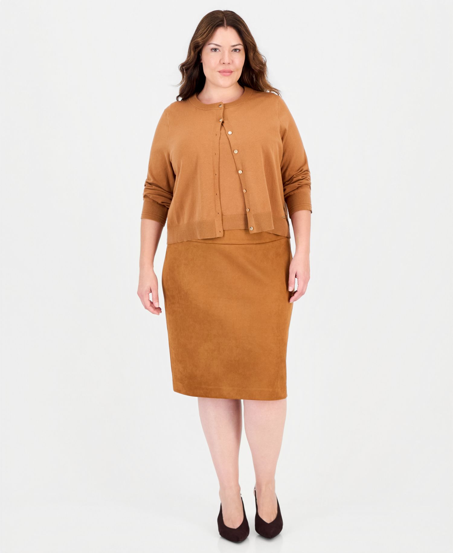 Plus Size Cotton-Blend Fitted Crew Neck Button-Front Cardigan