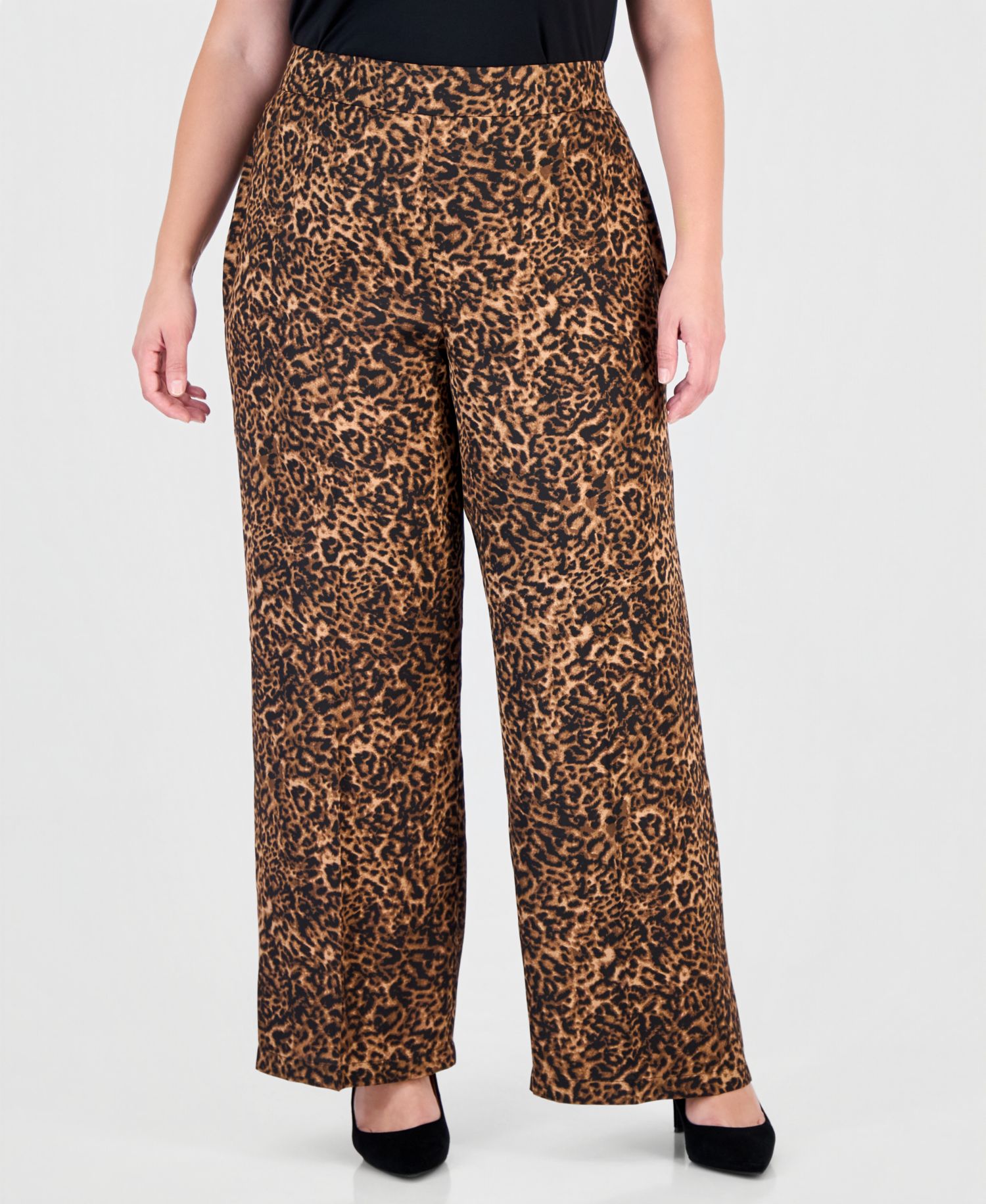 Plus Size Animal-Print Wide-Leg Side-Seam Zipper Pants