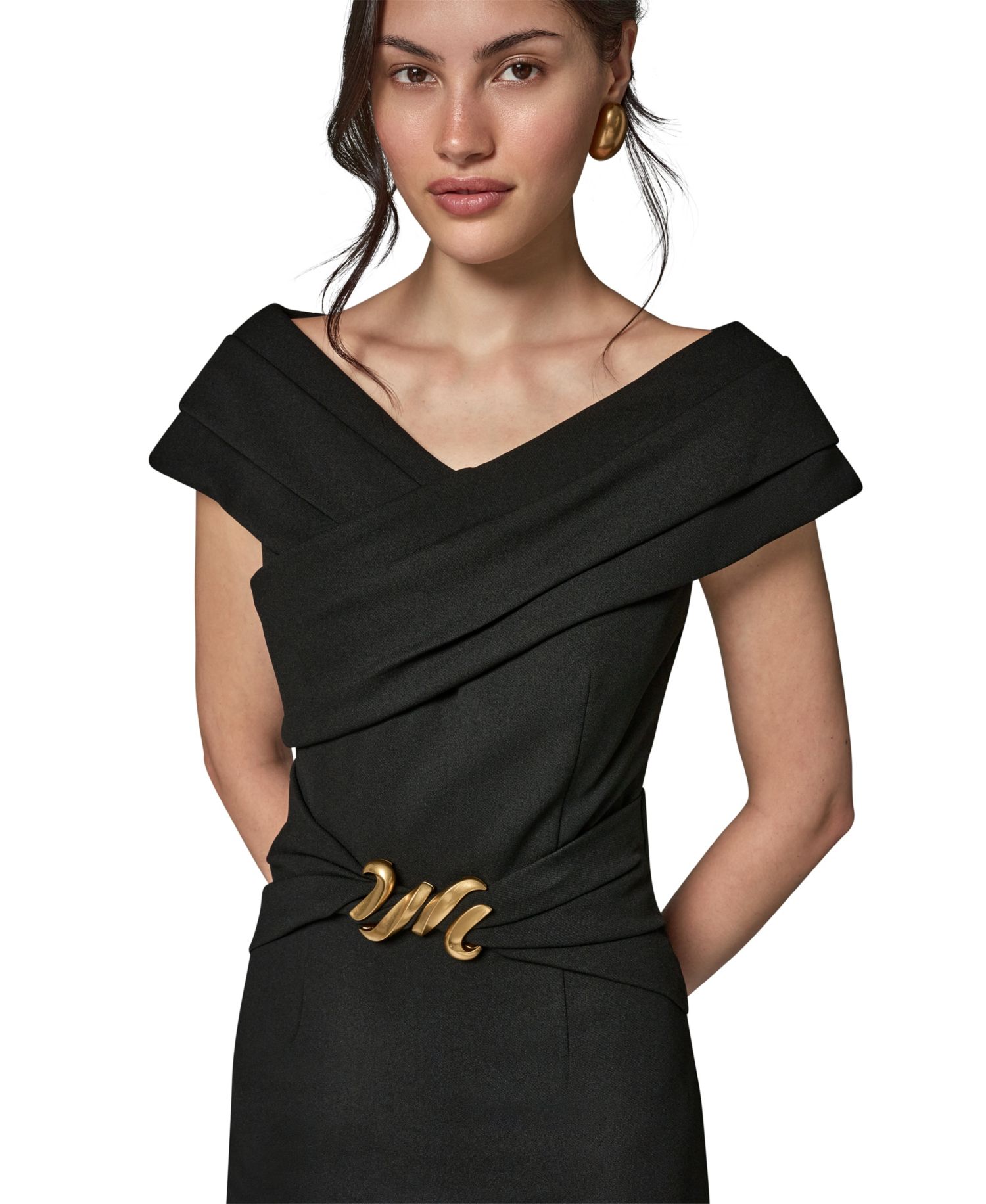 Women's Portrait Neck Sheath Midi Dress With Hardware