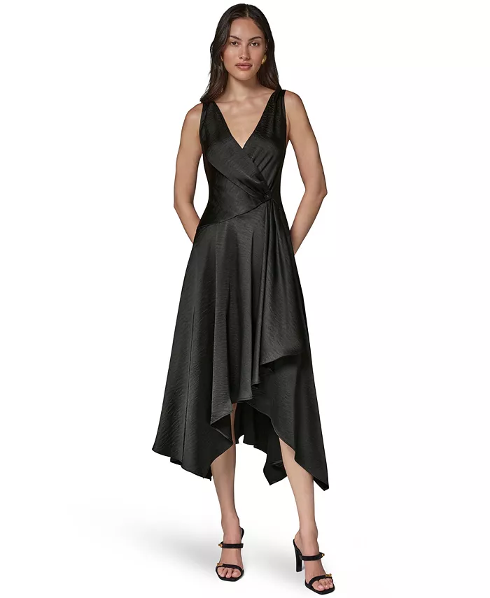 Women's Satin Sleeveless Surplice-Neck Draped A-Line Midi Dress
