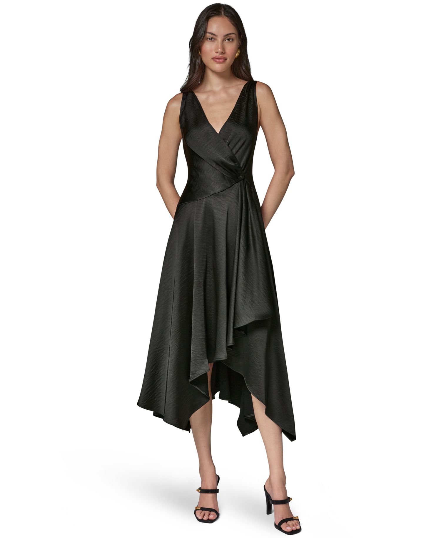 Women's Satin Sleeveless Surplice-Neck Draped A-Line Midi Dress