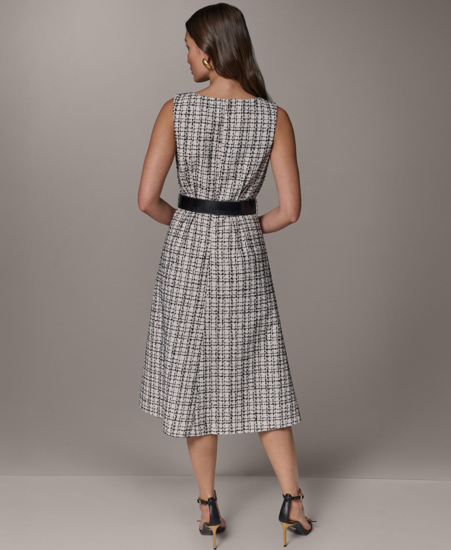 Women's Sleeveless Plaid Tweed Belted A-Line Dress