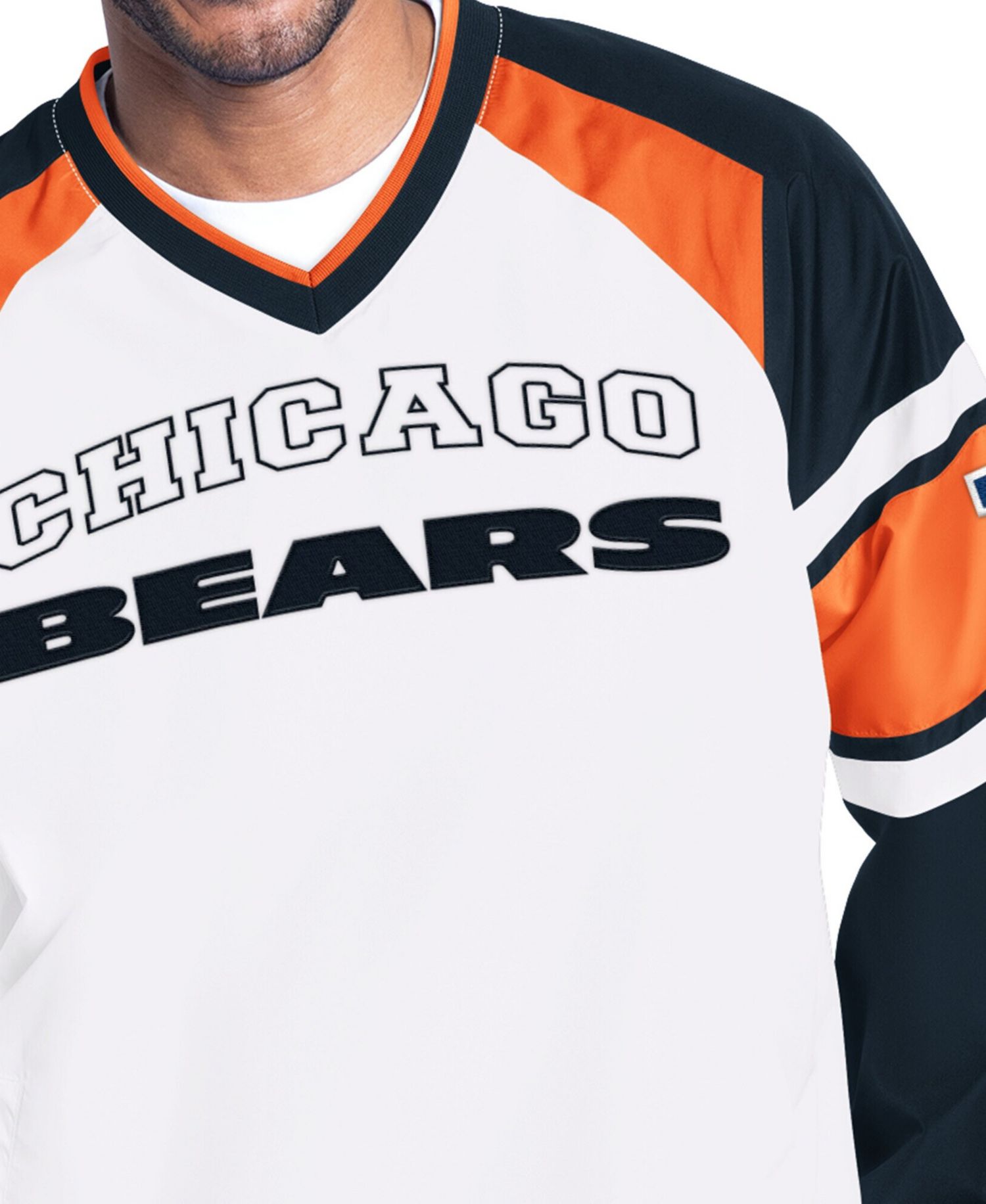 Men's White Chicago Bears Infield Play Raglan V-Neck Pullover Jacket