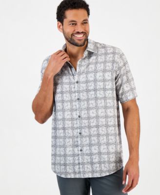 Men's Coastal Floral Check Perforated Classic Fit Short-Sleeve Button-Up Shirt
