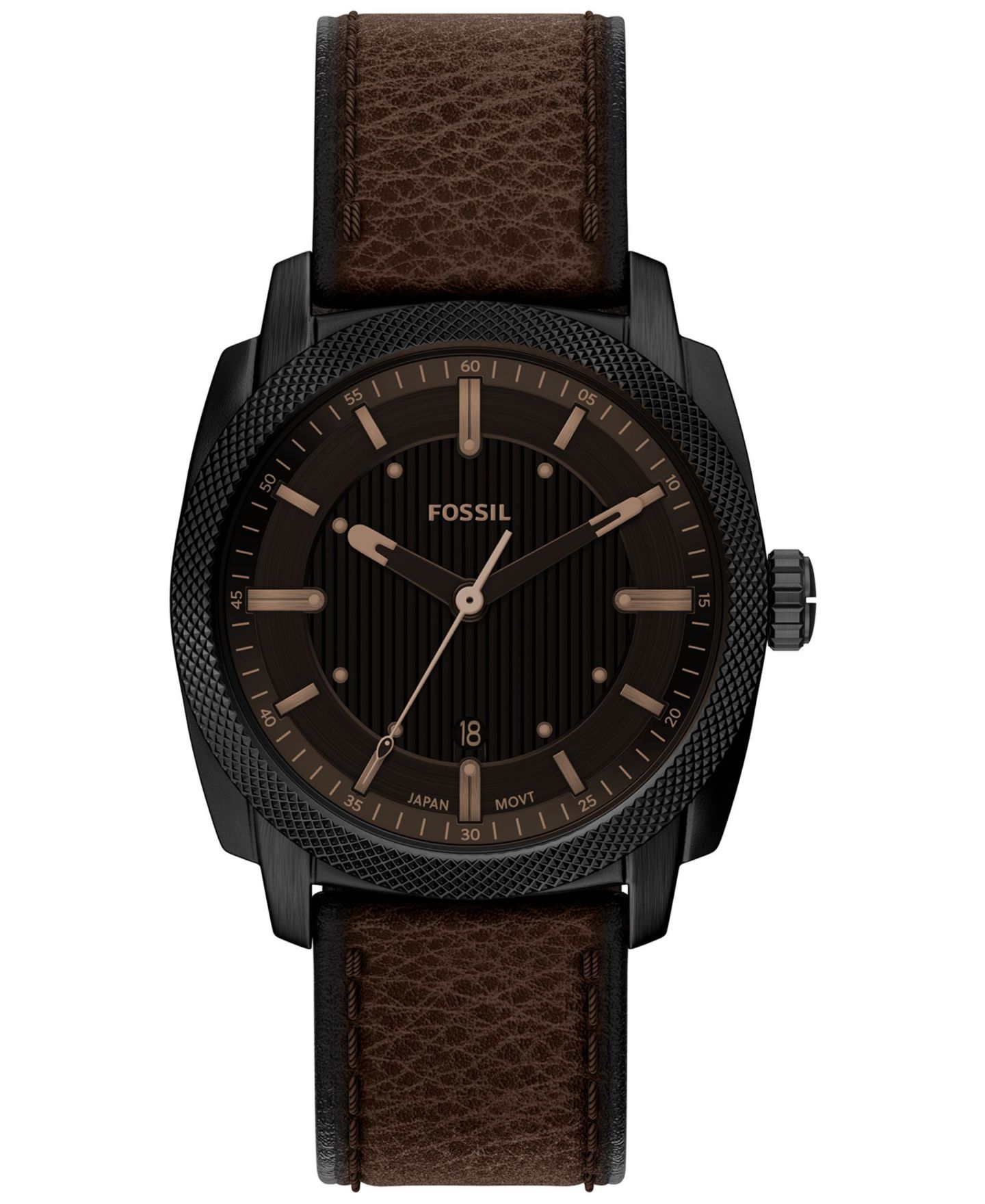 Мужские часы Fossil Machine Three-Hand Date Brown Leather Watch 41mm — фото 1