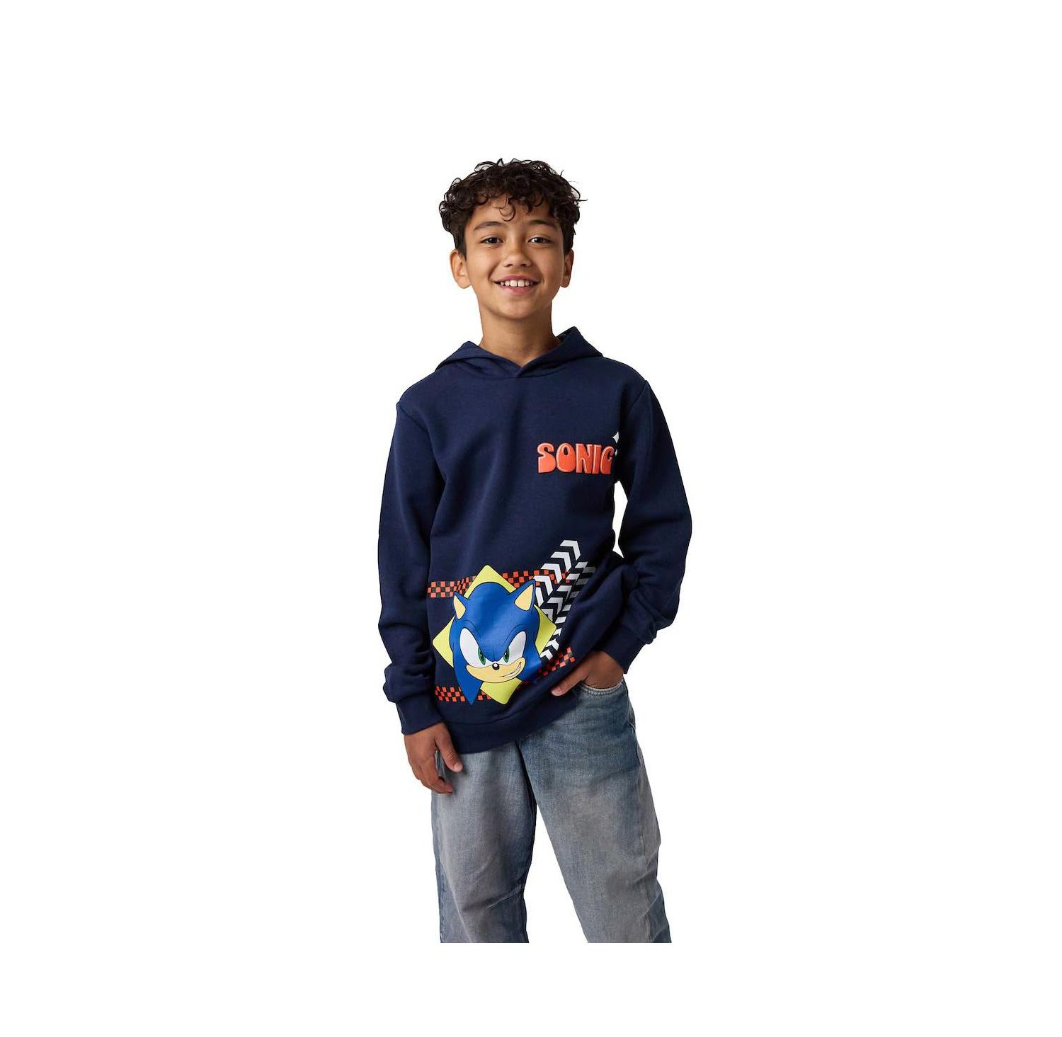 Little Boys Sonic Arrows and Checkered Flags Youth Navy Long Sleeve Hooded Sweatshirt-4