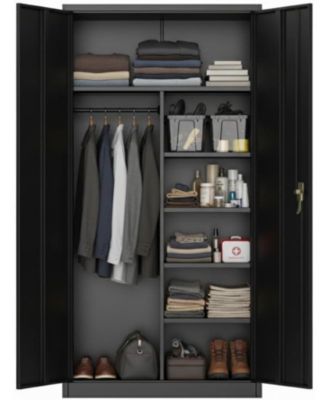 72inches Heavy Duty Steel Wardrobe Cabinet with Lock, Metal Garage Storage Cabinets with Adjustable Shelves and Hanging Rod