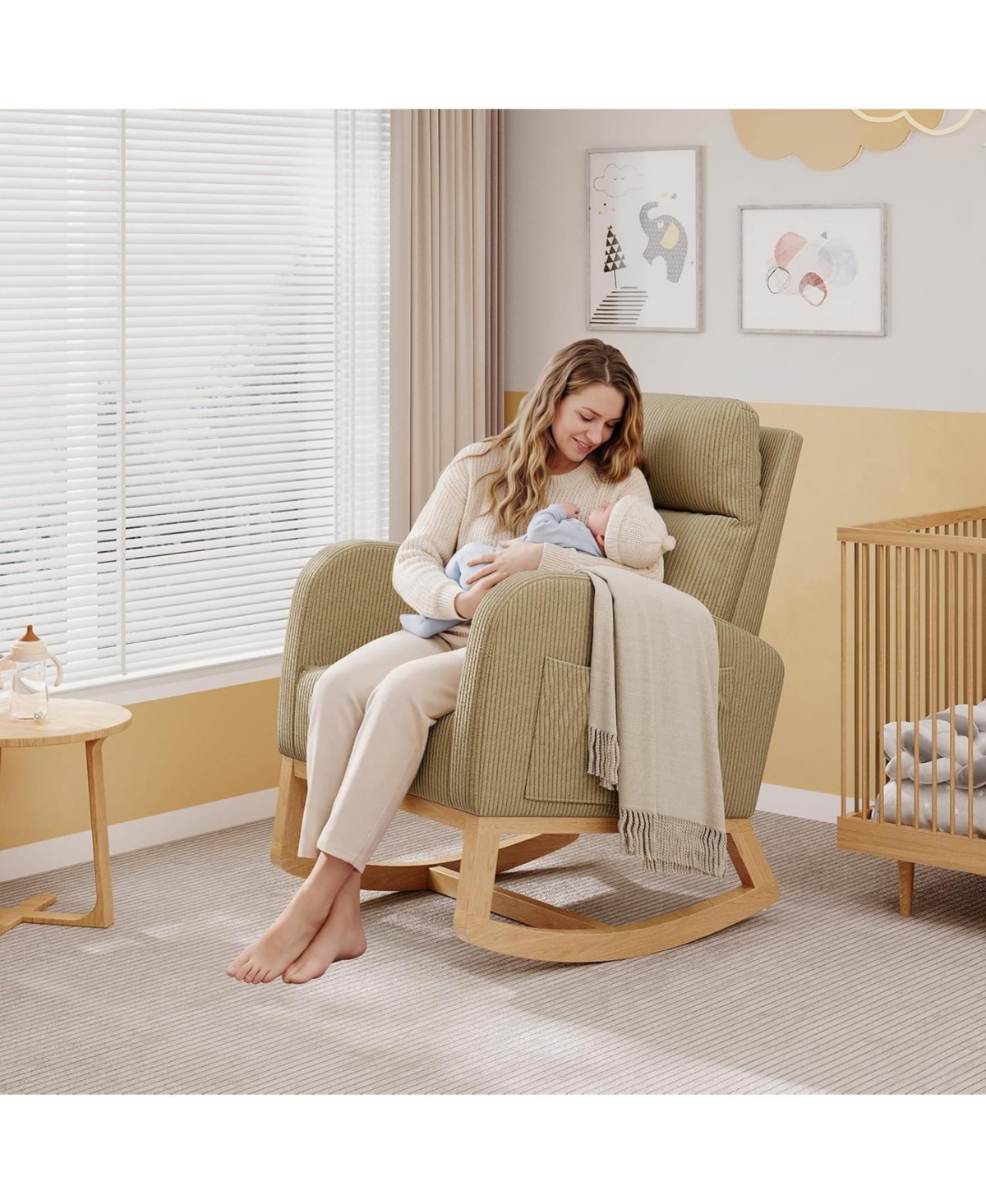 gaomon Corduroy Rocking Chair, Modern Nursery Glider Chair with Side Pockets and Pillow, Rocker Chair for Living Room Bedroom Nursing Room