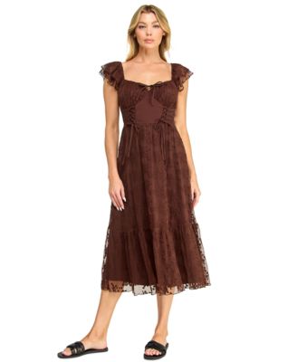 Juniors' Sweetheart-Neck Flutter-Sleeve Lace Midi Dress