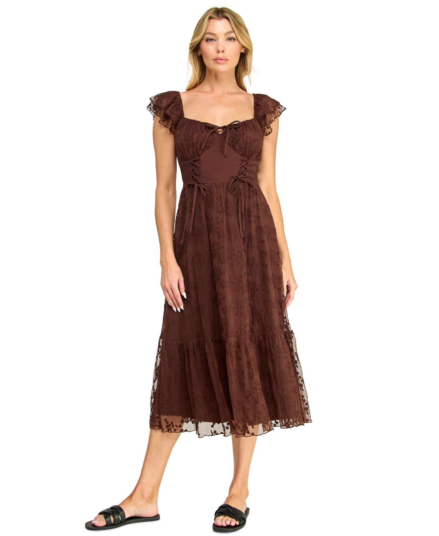 Женское платье ROW A Juniors' Sweetheart-Neck Flutter-Sleeve Lace Midi, цвет: Chicoffee — фото 1