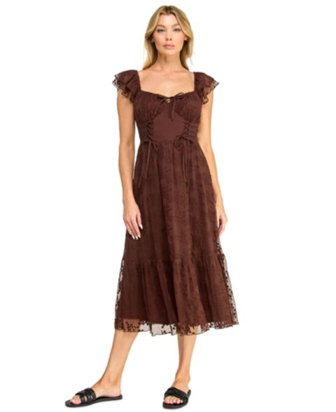 Женское платье ROW A Juniors' Sweetheart-Neck Flutter-Sleeve Lace Midi, цвет: Chicoffee