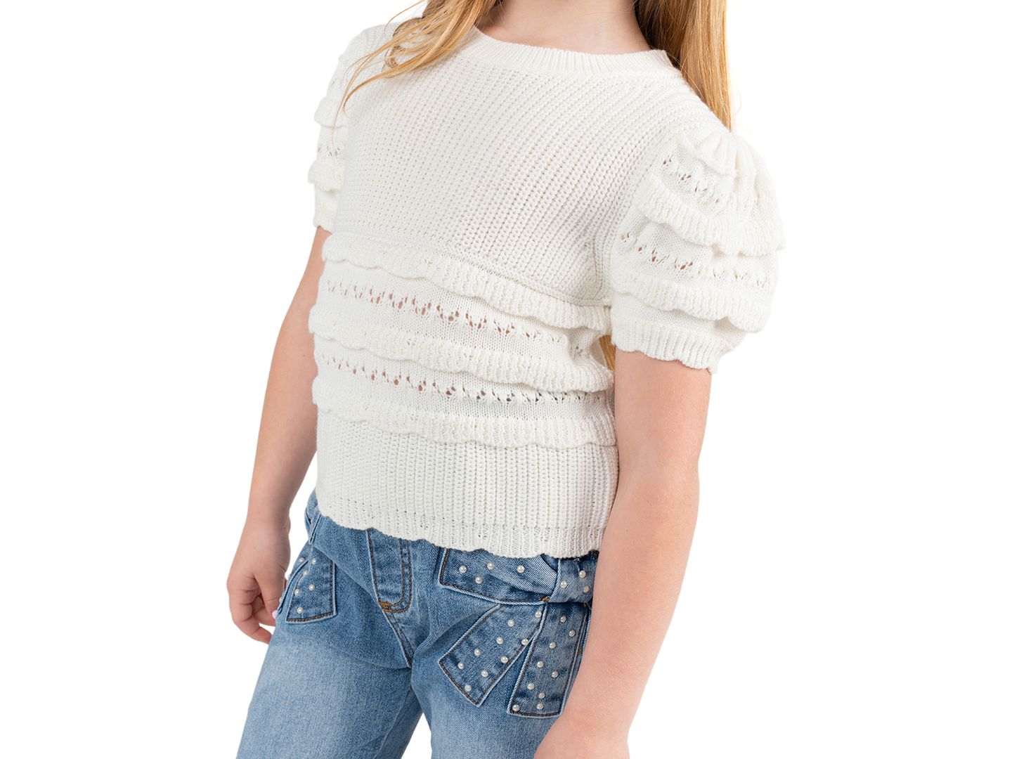 Rare Editions Girls' 2T-6X Crochet Knit Top and Bow Detail Rib Knit Jeans, 2-Piece Set, цвет: Слоновая кость — фото 2