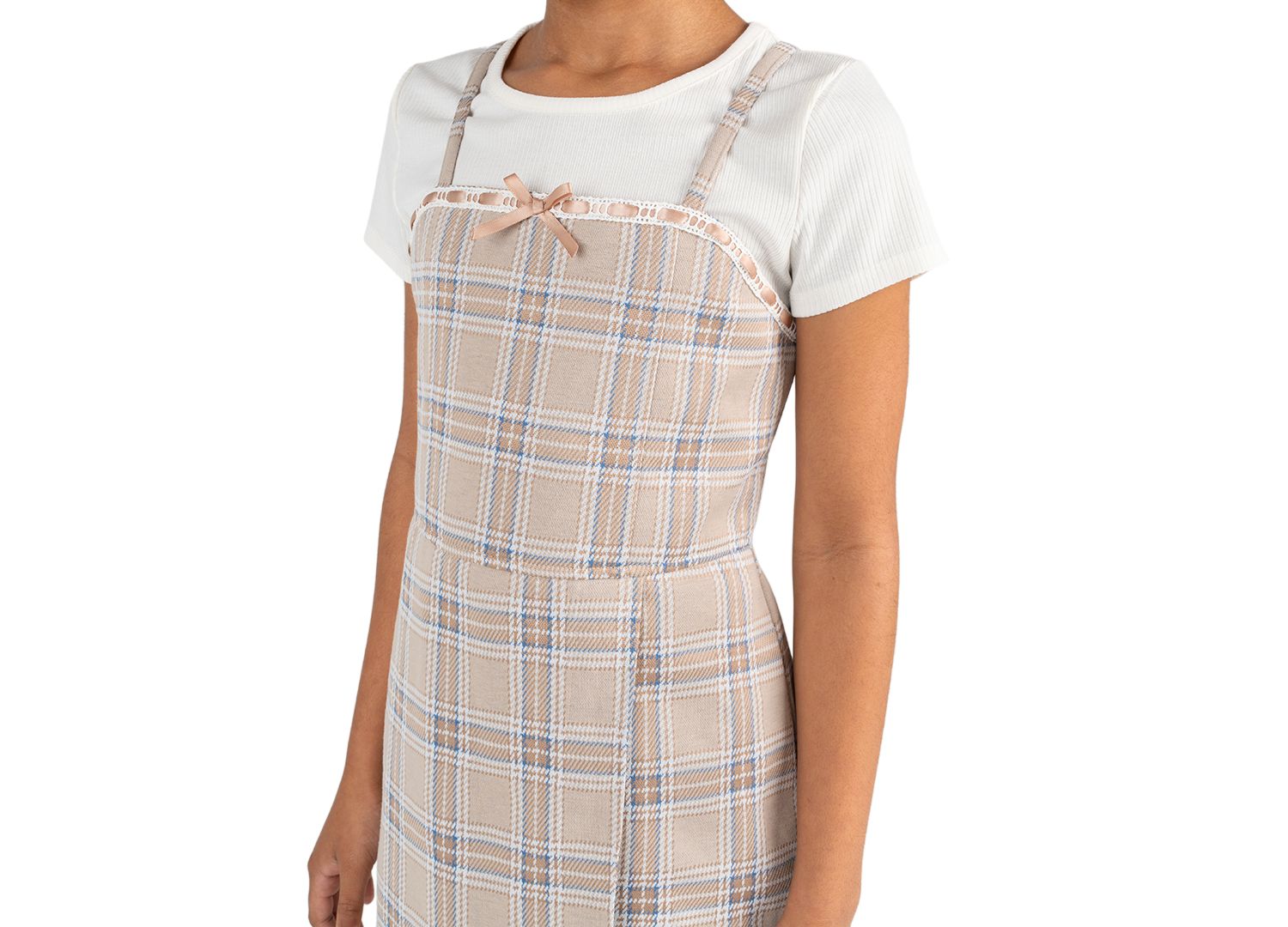 Girls' 7-16 Short-Sleeve T-Shirt and Plaid Woven Overlap Skirt Romper, 2-Piece Set