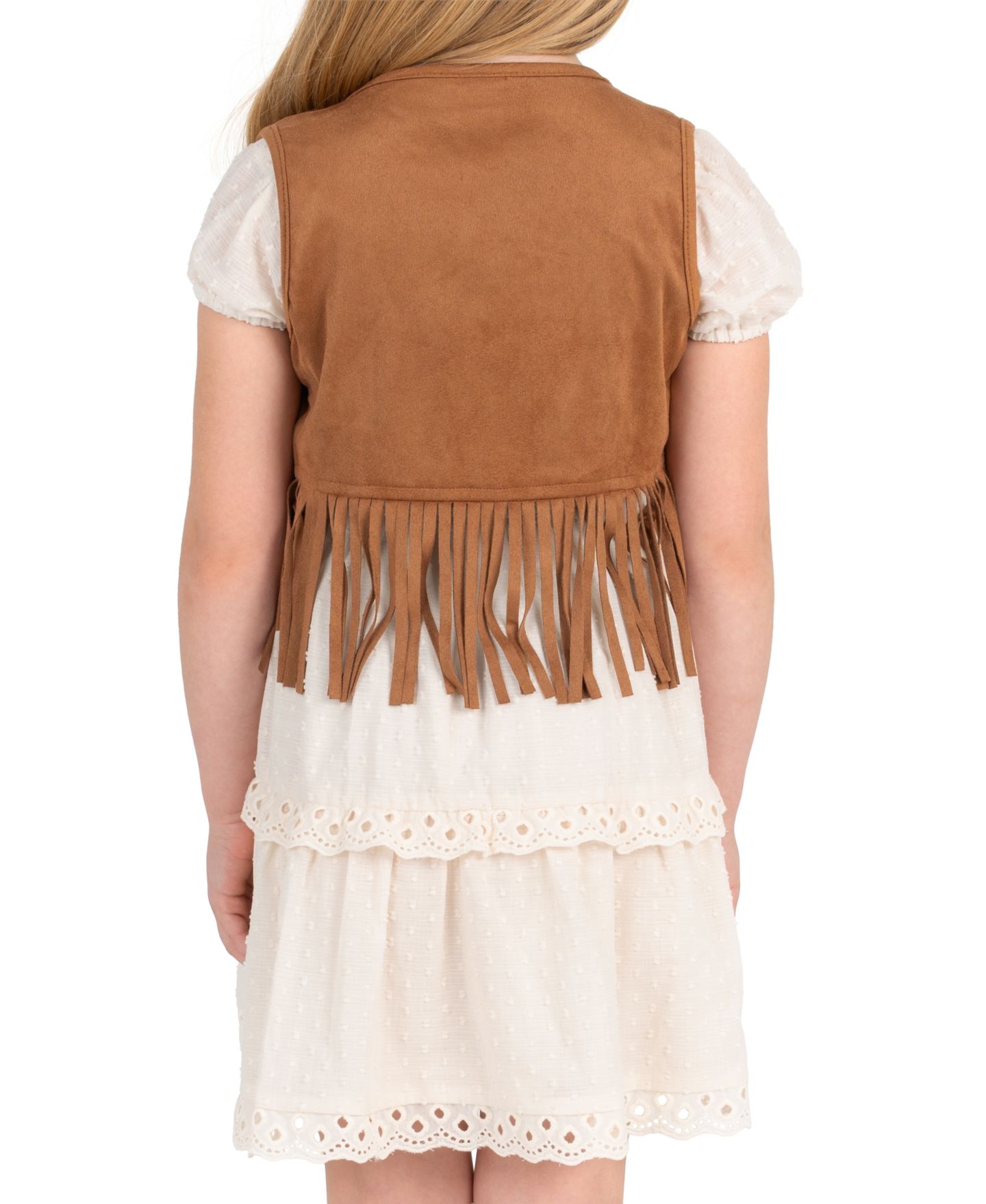 Комплект Rare Editions Suede Fringe Vest and Clip Dot Cotton Puff Sleeve Dress, 2-Piece Set для девочек, цвет: Слоновая кость — фото 3