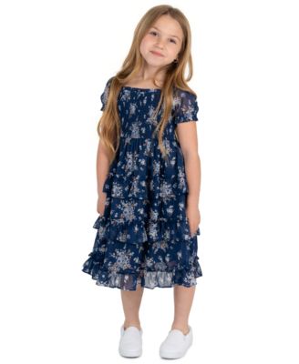 Girls' 4T-6X Printed Lurex Chiffon Puff Sleeve Tiered Midi Dress