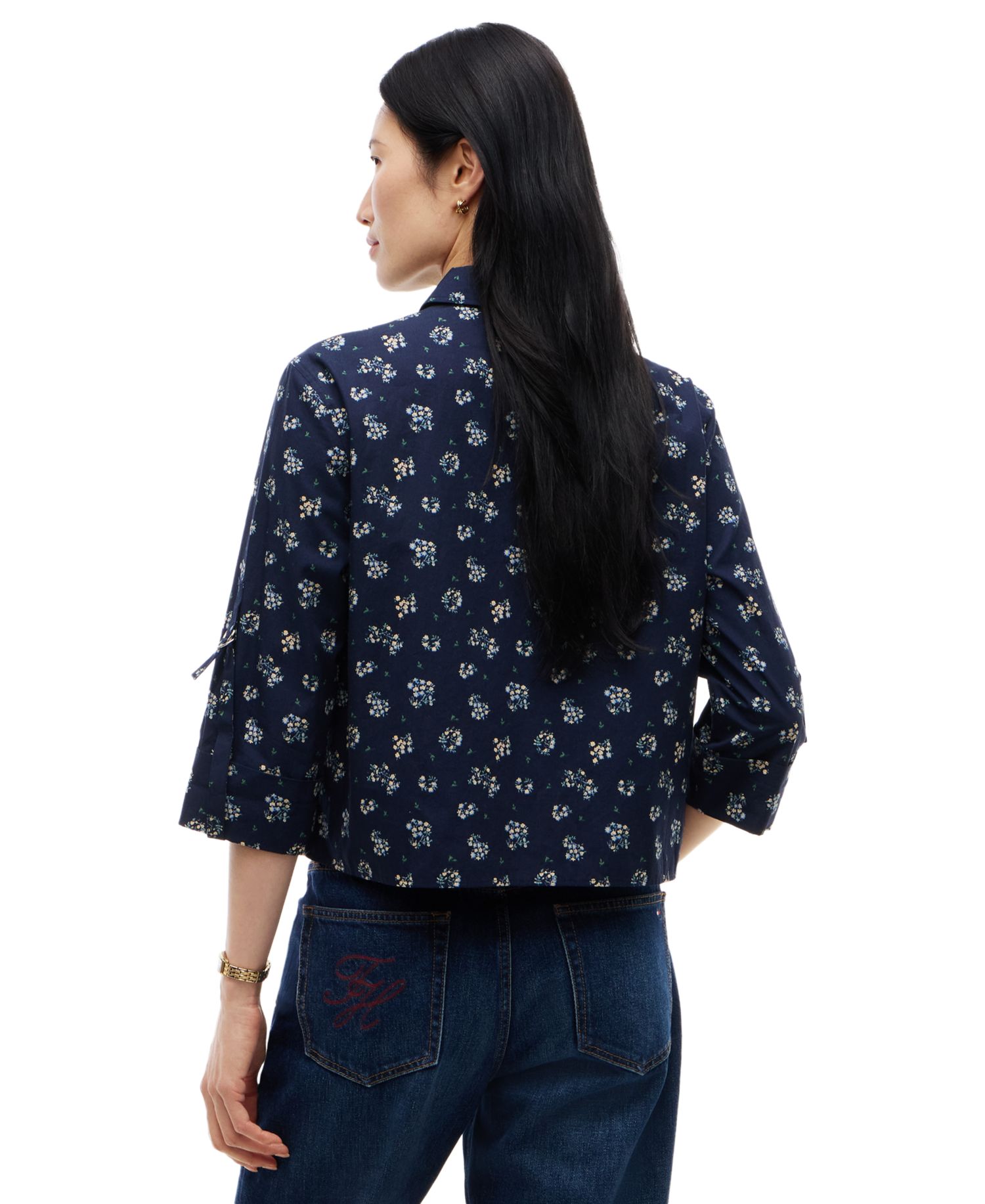 Women's Cropped Printed Roll-Tab Sleeve Shirt