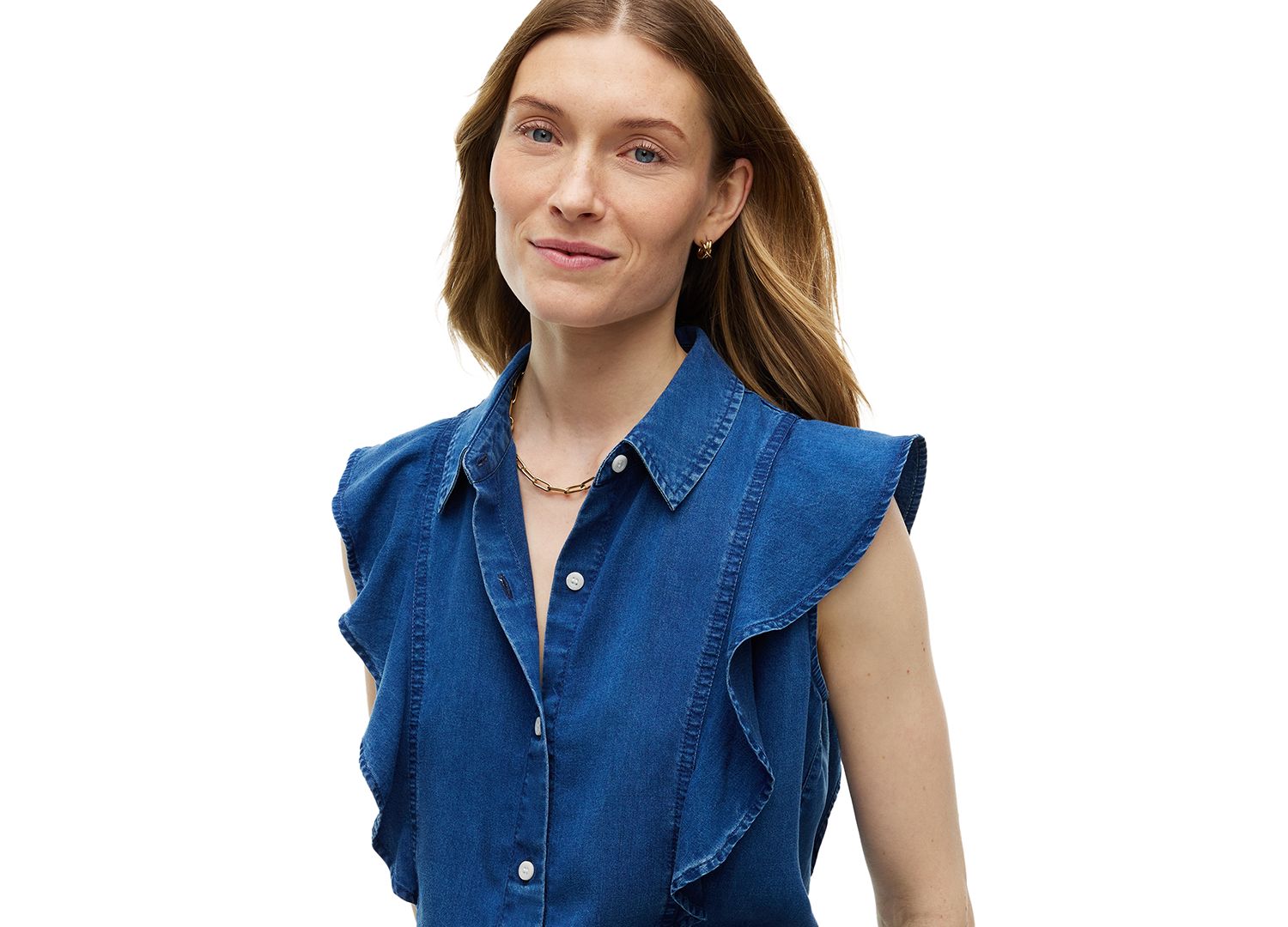 Women's Chambray Frill Sleeveless Button-Front Shirt