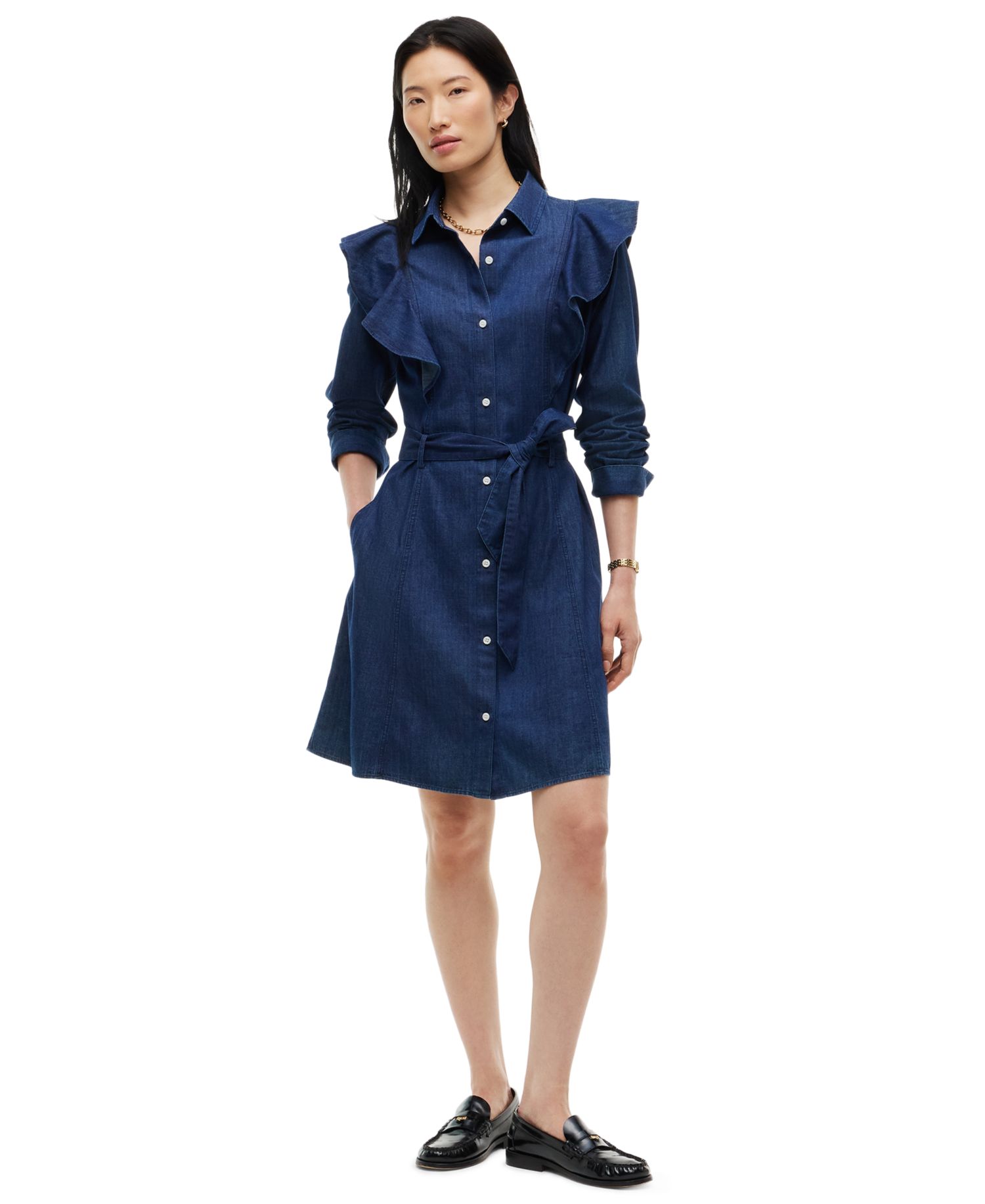Women's Denim Volant Polo Collar Dress