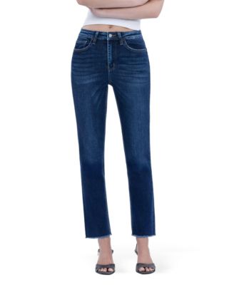 Women's Super High Rise Stretch Raw Hem Slim Straight Jeans