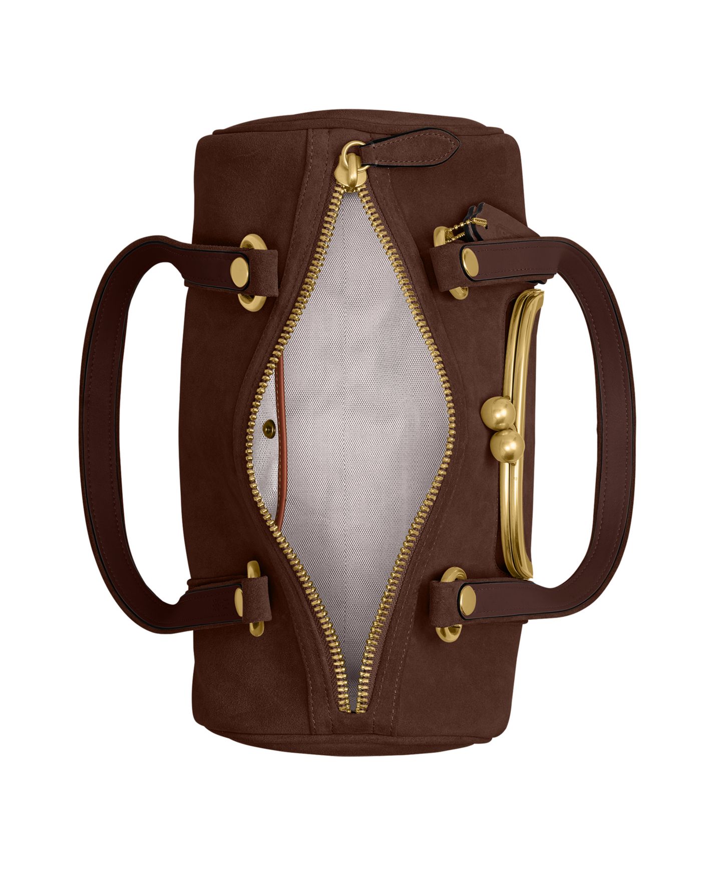 Женская сумка COACH Originals Kisslock Large Suede Barrel Shoulder, цвет: Латунный / Шоколадный — фото 3