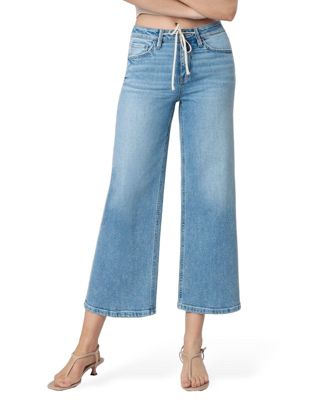 Women's High Rise Trouser Fold Drawstring Crop Wide Leg Jeans