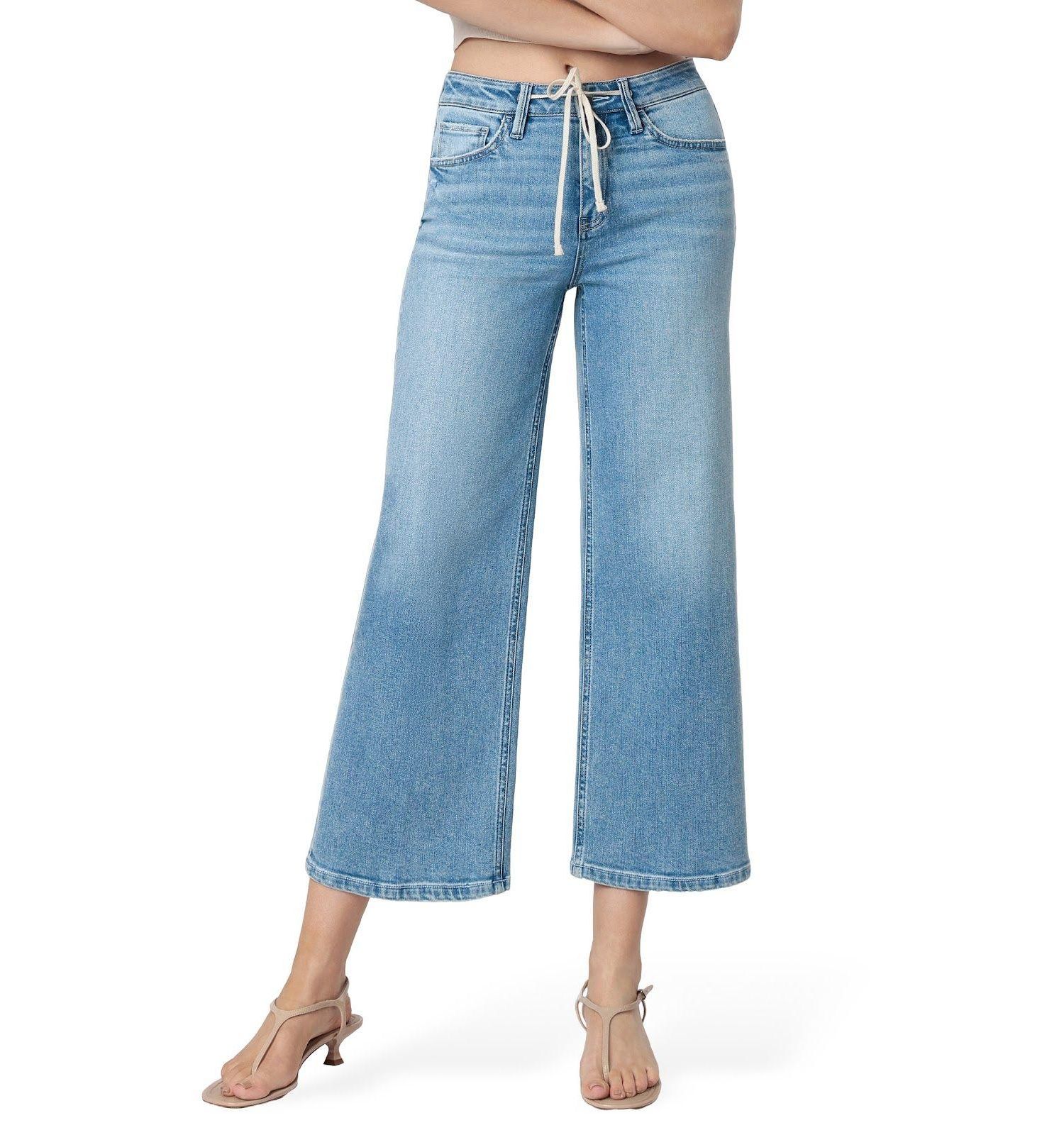 Women's High Rise Trouser Fold Drawstring Crop Wide Leg Jeans