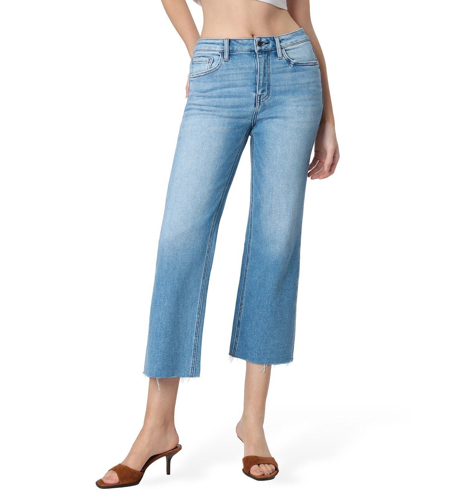 Women's High Rise Raw Hem Crop Slim Wide Leg Jeans