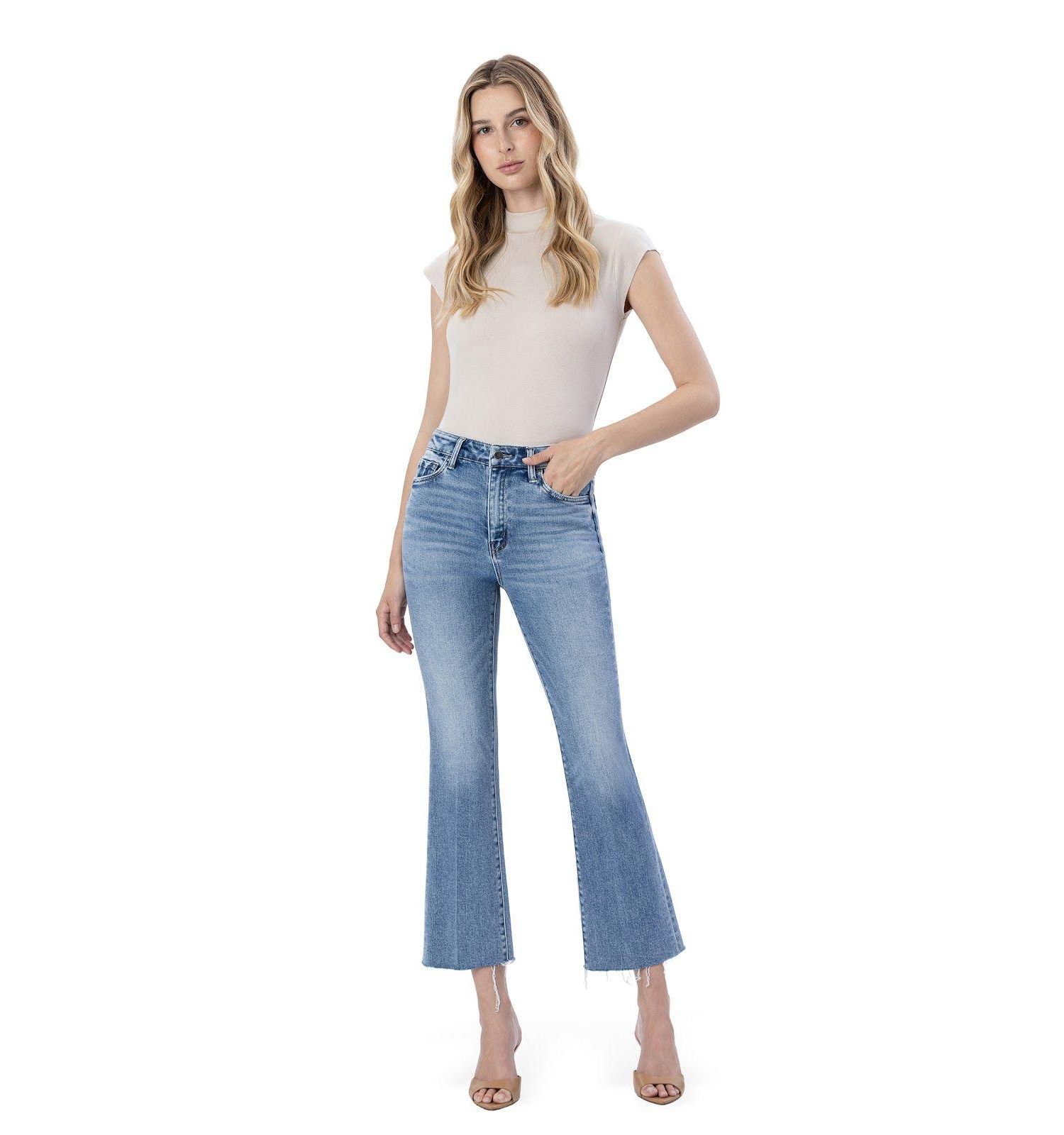 Women's High Rise Raw Hem Kick Flare Jeans