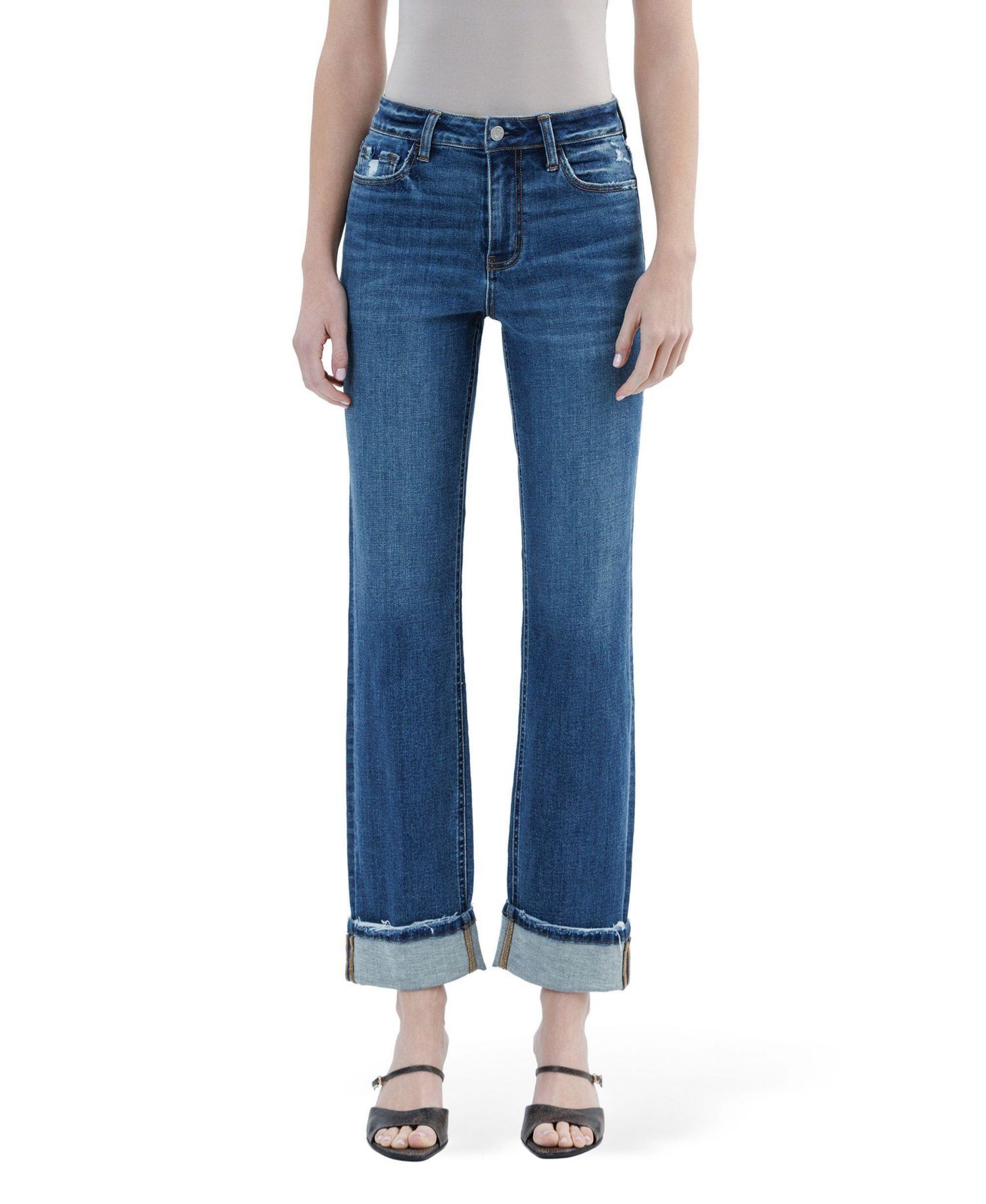 Women's High Rise Distressed Cuffed Straight Jeans