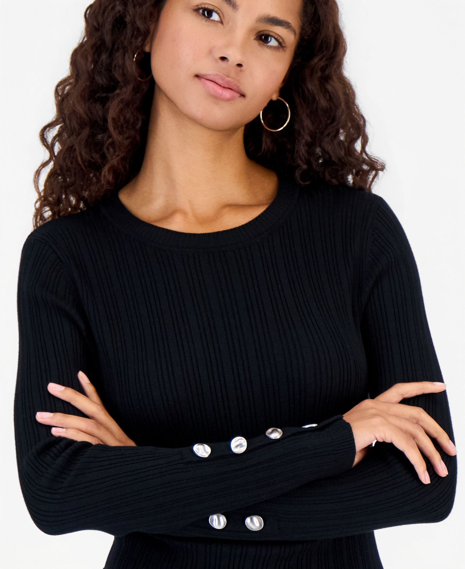 Juniors' Button Fine Gauge Crewneck Ribbed Cardigan