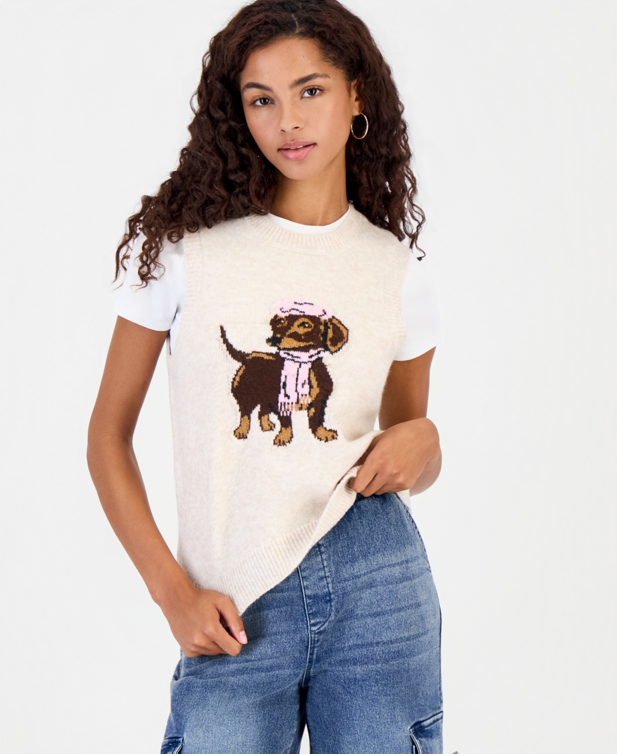 Hooked Up by Iot Juniors' Dog Intarsia Crewneck Sweater Vest