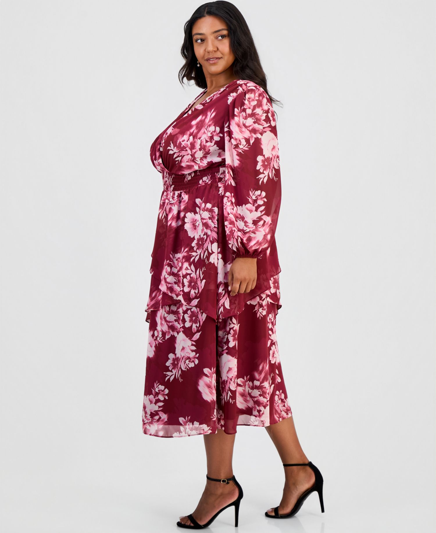 Plus Size Long-Sleeve V-Neck Tiered Midi Dress