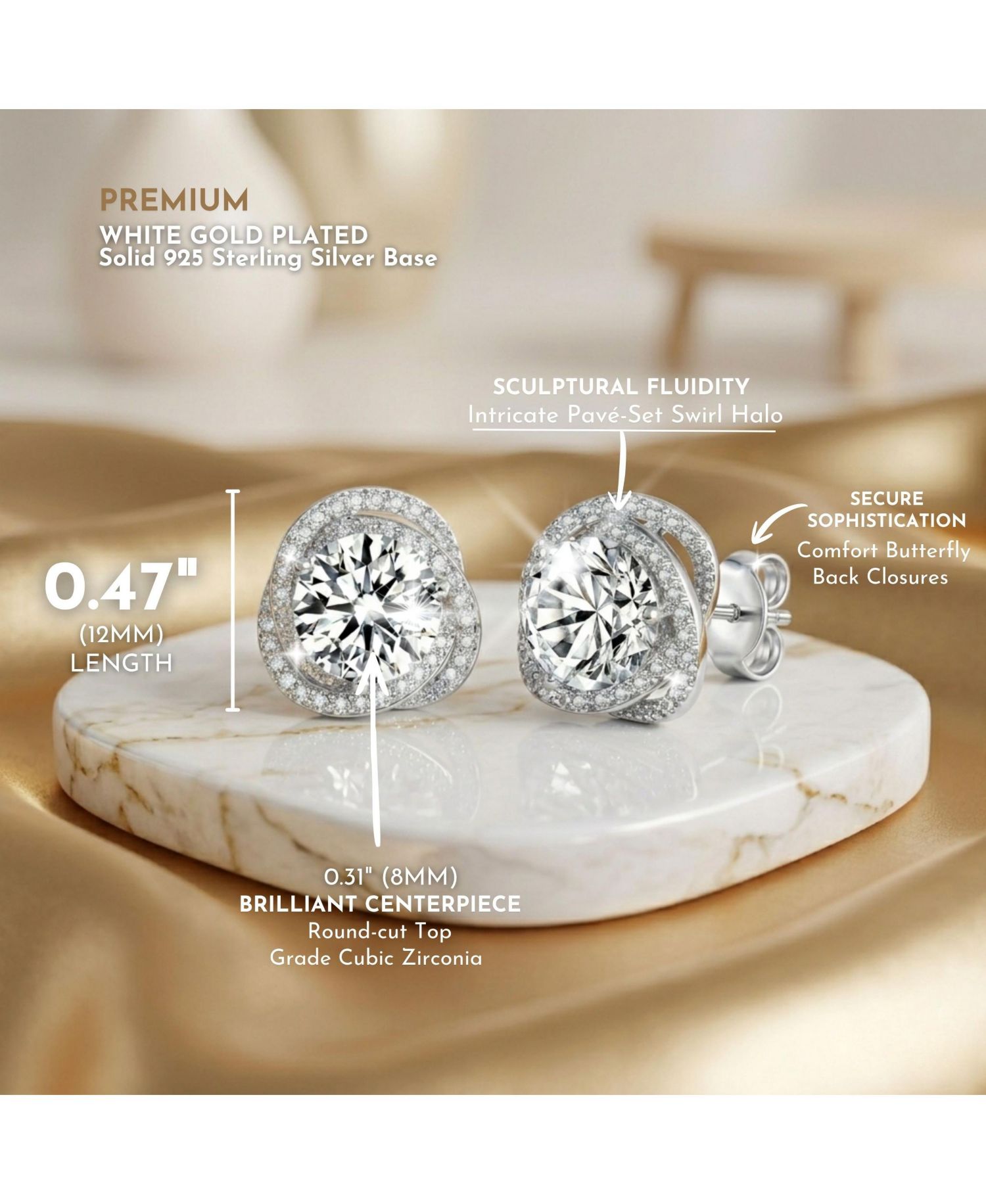 Brilliant White Gold Plated CZ Pave Swirl Halo Stud Earrings