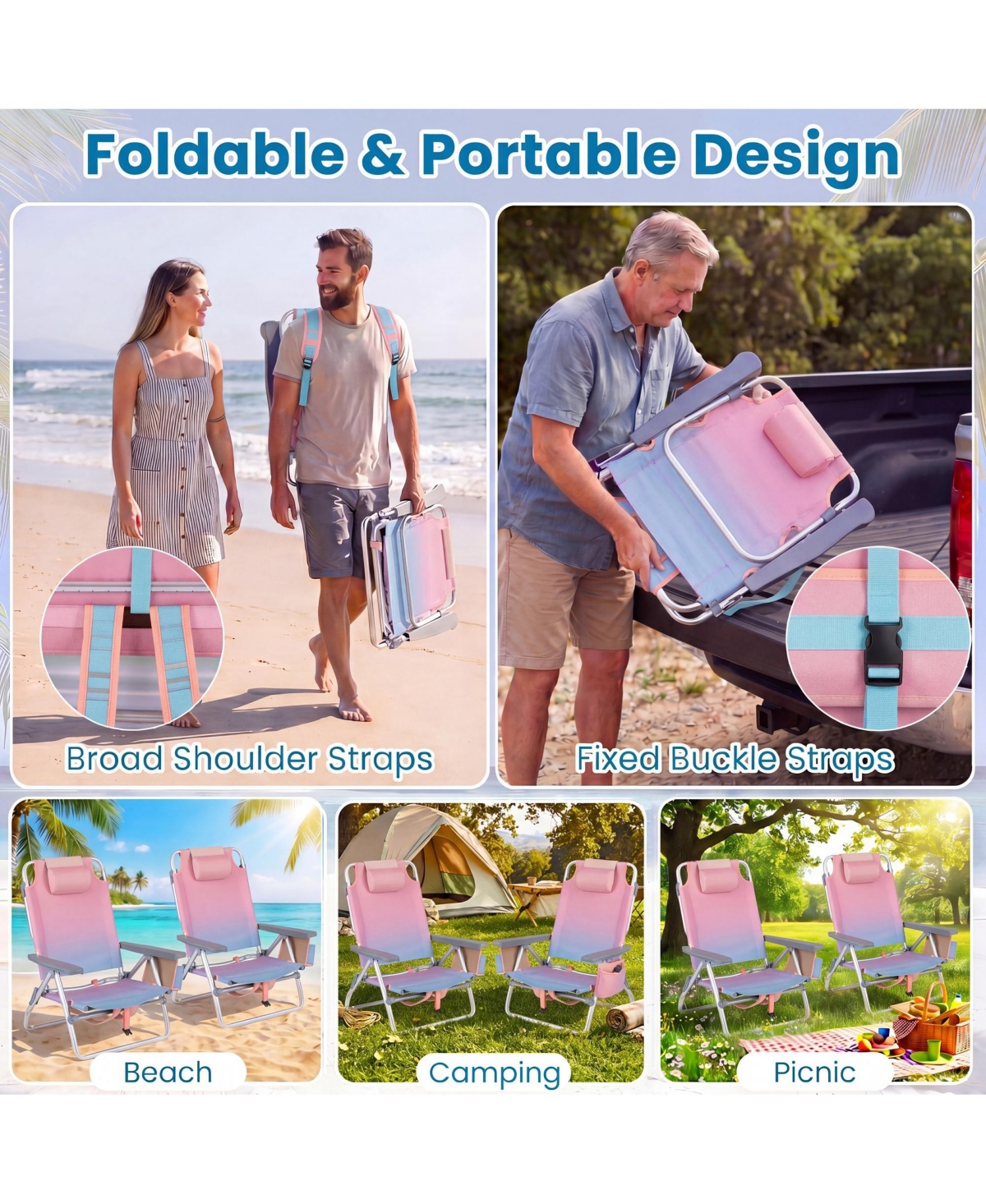 Gymax 4PCS Folding Backpack Beach Chair 5-Position Outdoor Reclining Chairs w/ Pillow