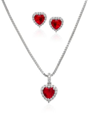 Simulated Ruby Cubic Zirconia Heart Halo Pendant Necklace with Matching Stud Earrings 2-Piece Set