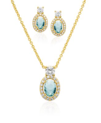 Oval Simulated Gemstone Halo Pendant Necklace with Matching Earrings 2-Piece Set