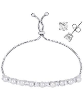 Oval Simulated Gemstone And Round Adjustable Tennis Bolo Bracelet with Stud Earrings 2-Piece Set