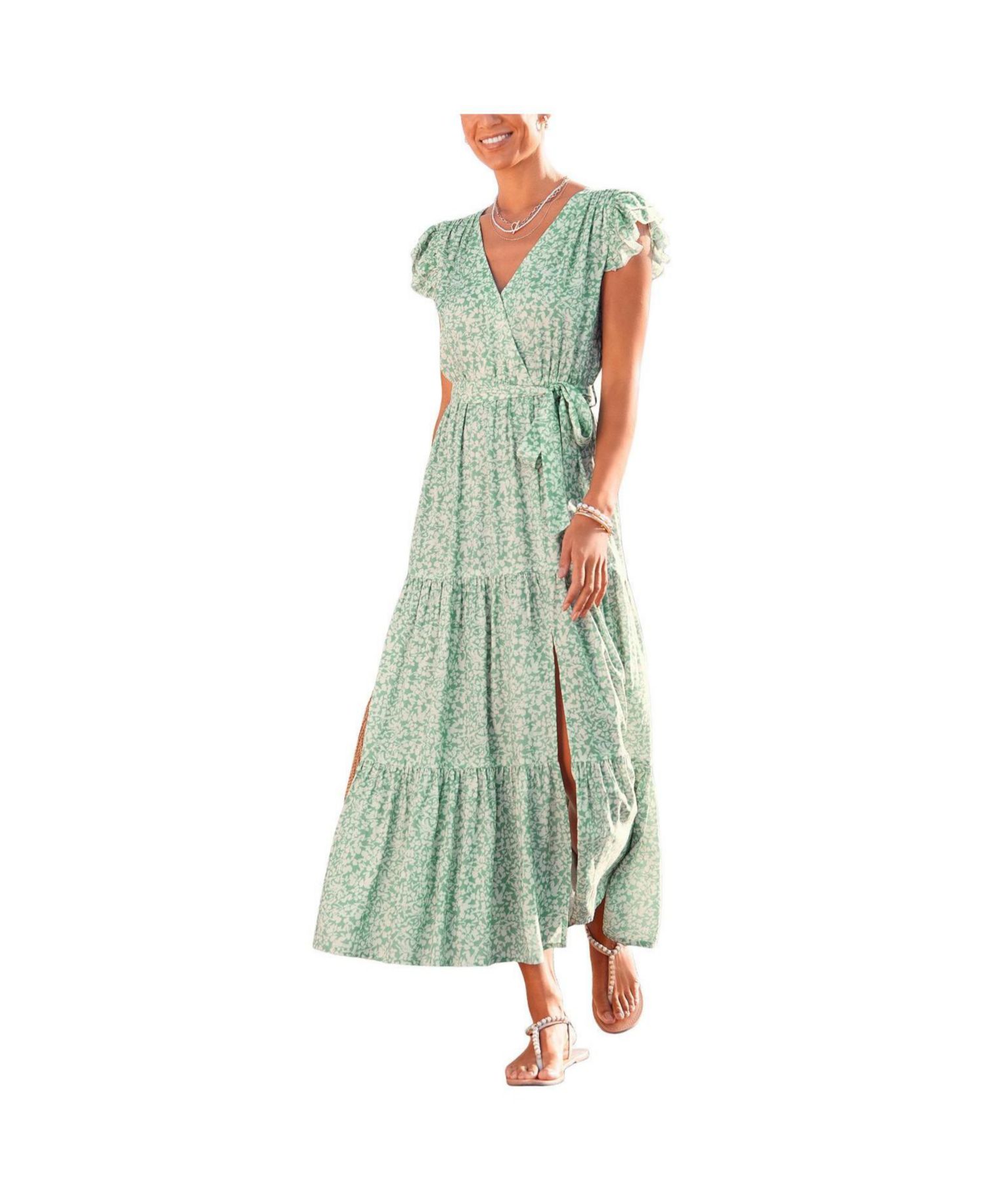 Women's Viscose Printed Flutter Sleeve V-Neck Elastic-Waist Maxi Dress