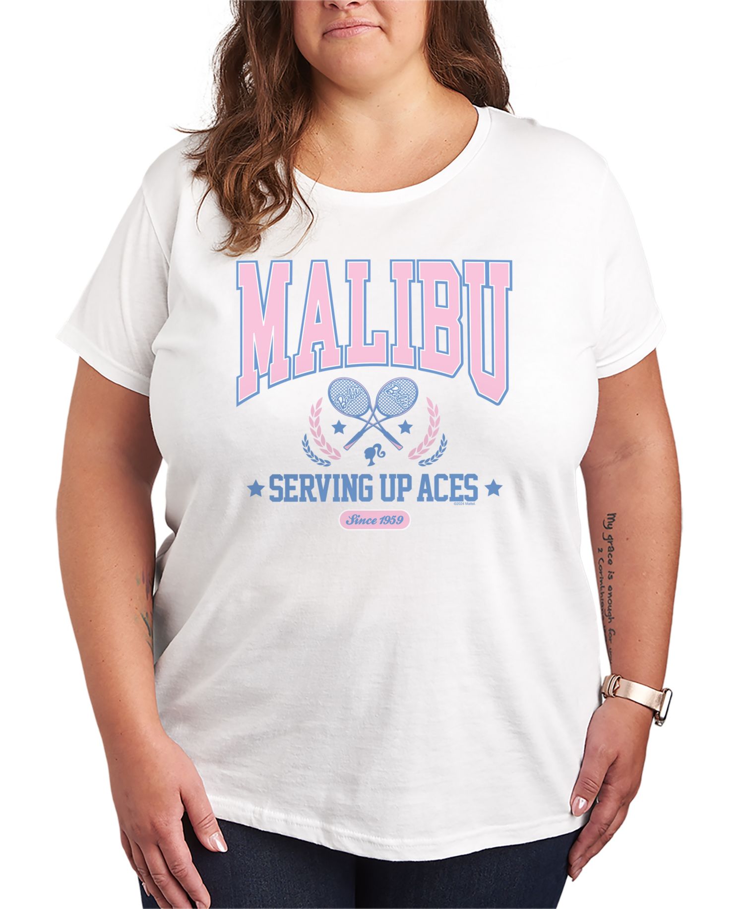 Plus Size Barbie Malibu Varsity Tennis Graphic T-Shirt